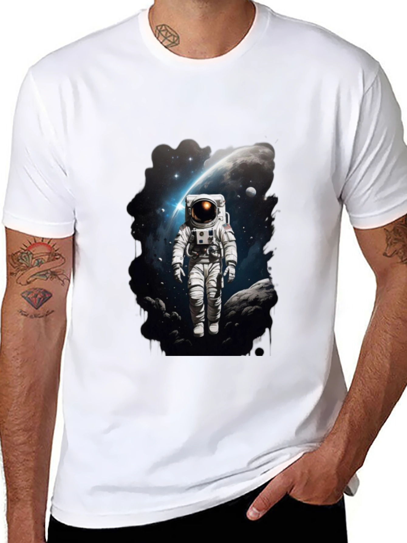 Astronaut in Space Graphic Tee - Black Cotton T-Shirt