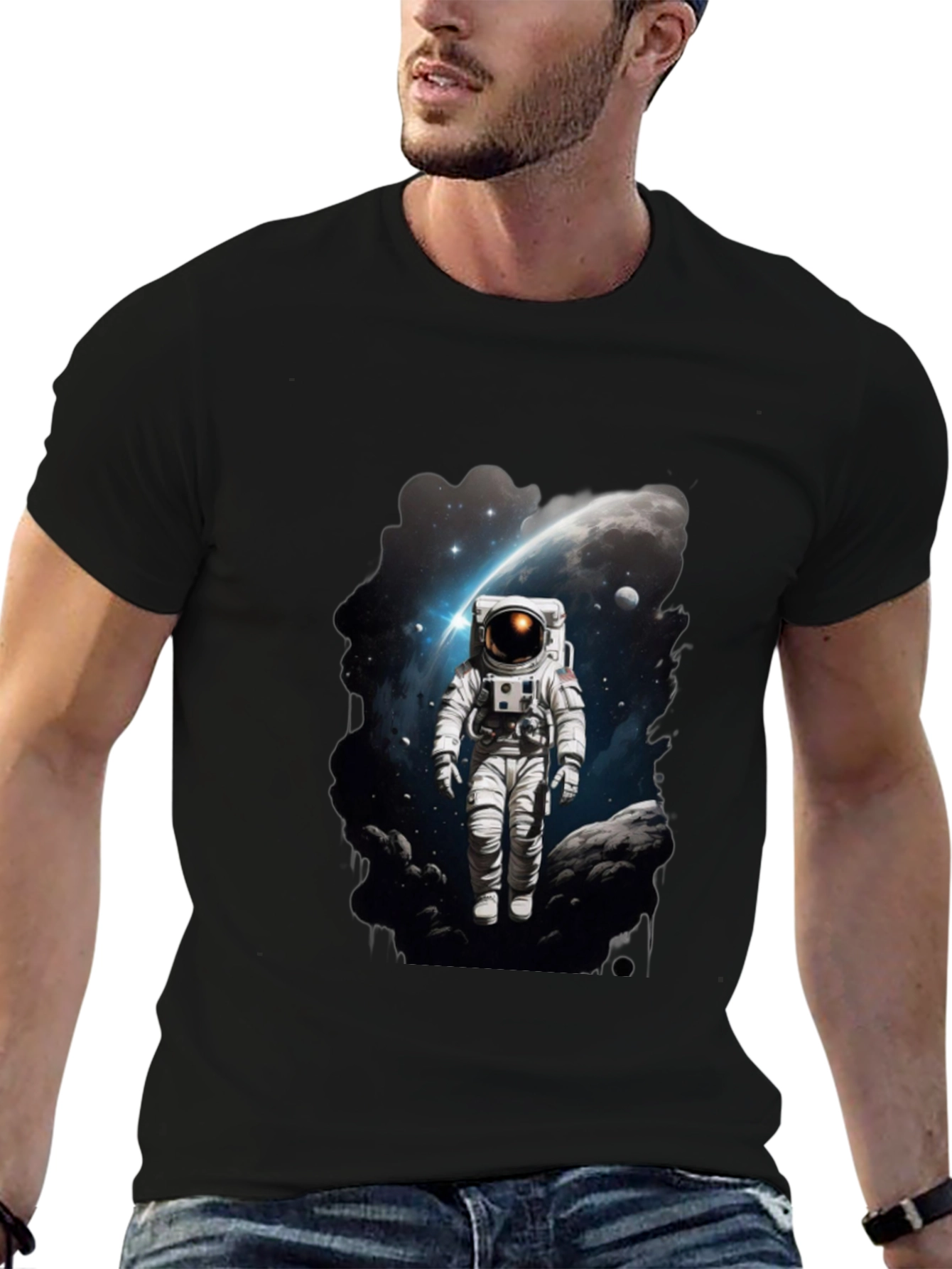 Astronaut in Space Graphic Tee - Black Cotton T-Shirt