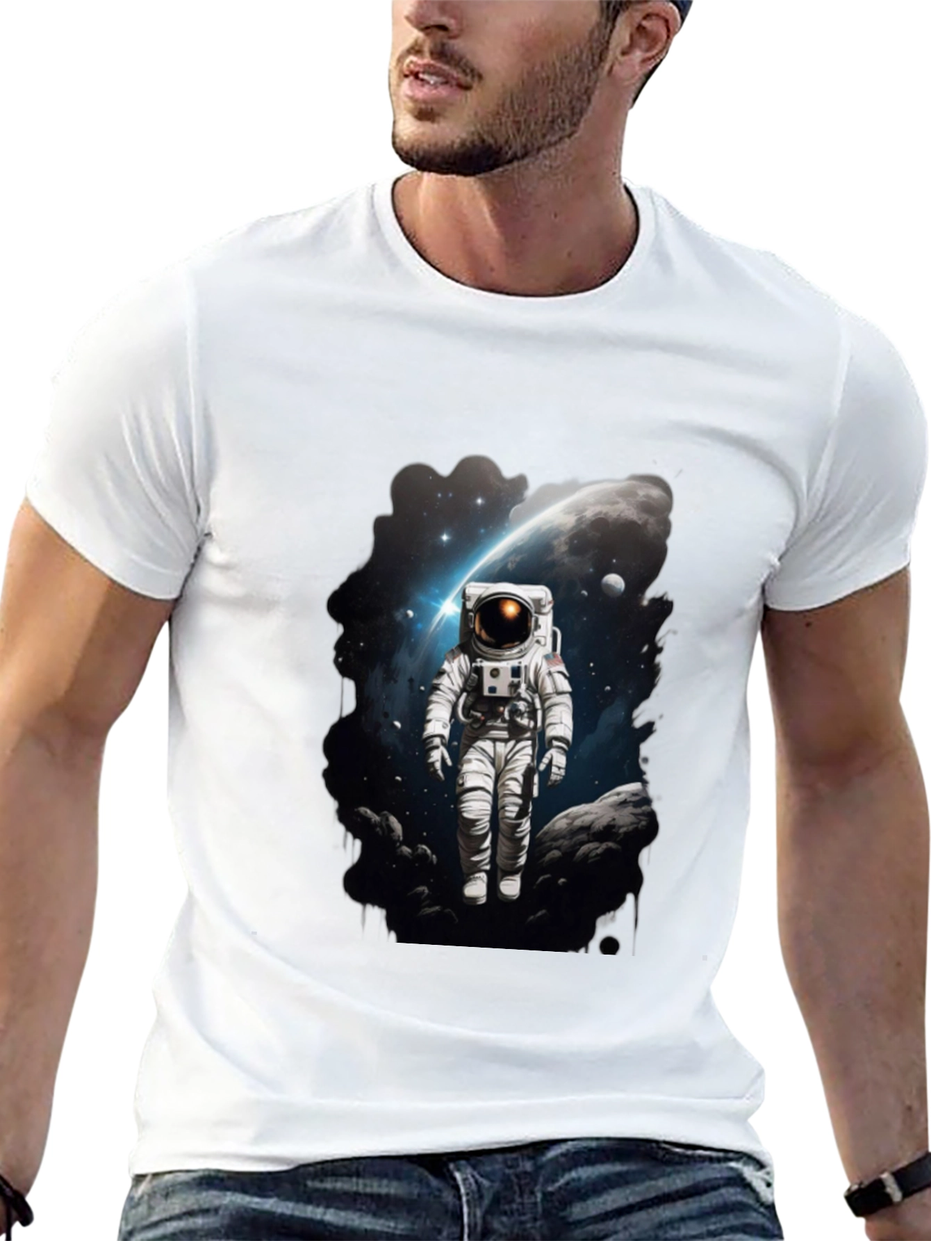 Astronaut in Space Graphic Tee - Black Cotton T-Shirt