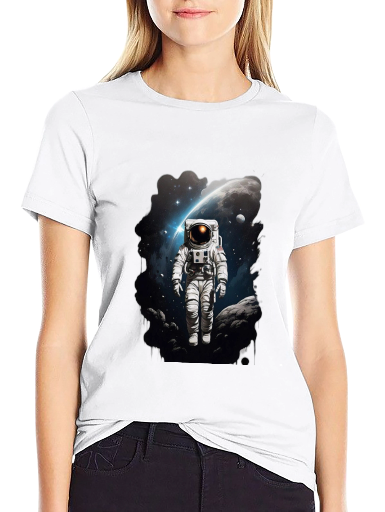 Astronaut in Space Graphic Tee - Black Cotton T-Shirt