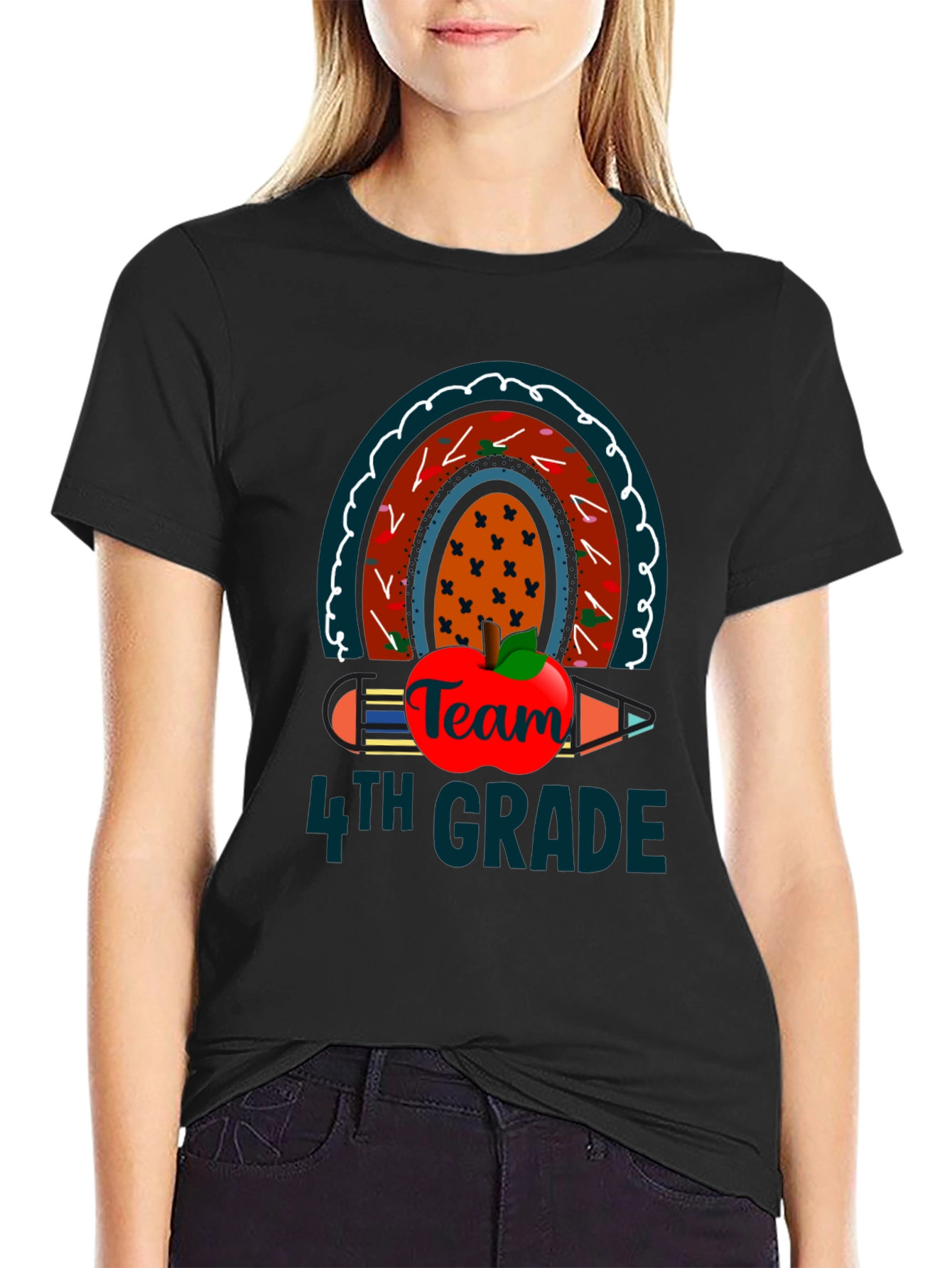 Team 4th Grade Teacher T-Shirt Rainbow Apple Pencil
