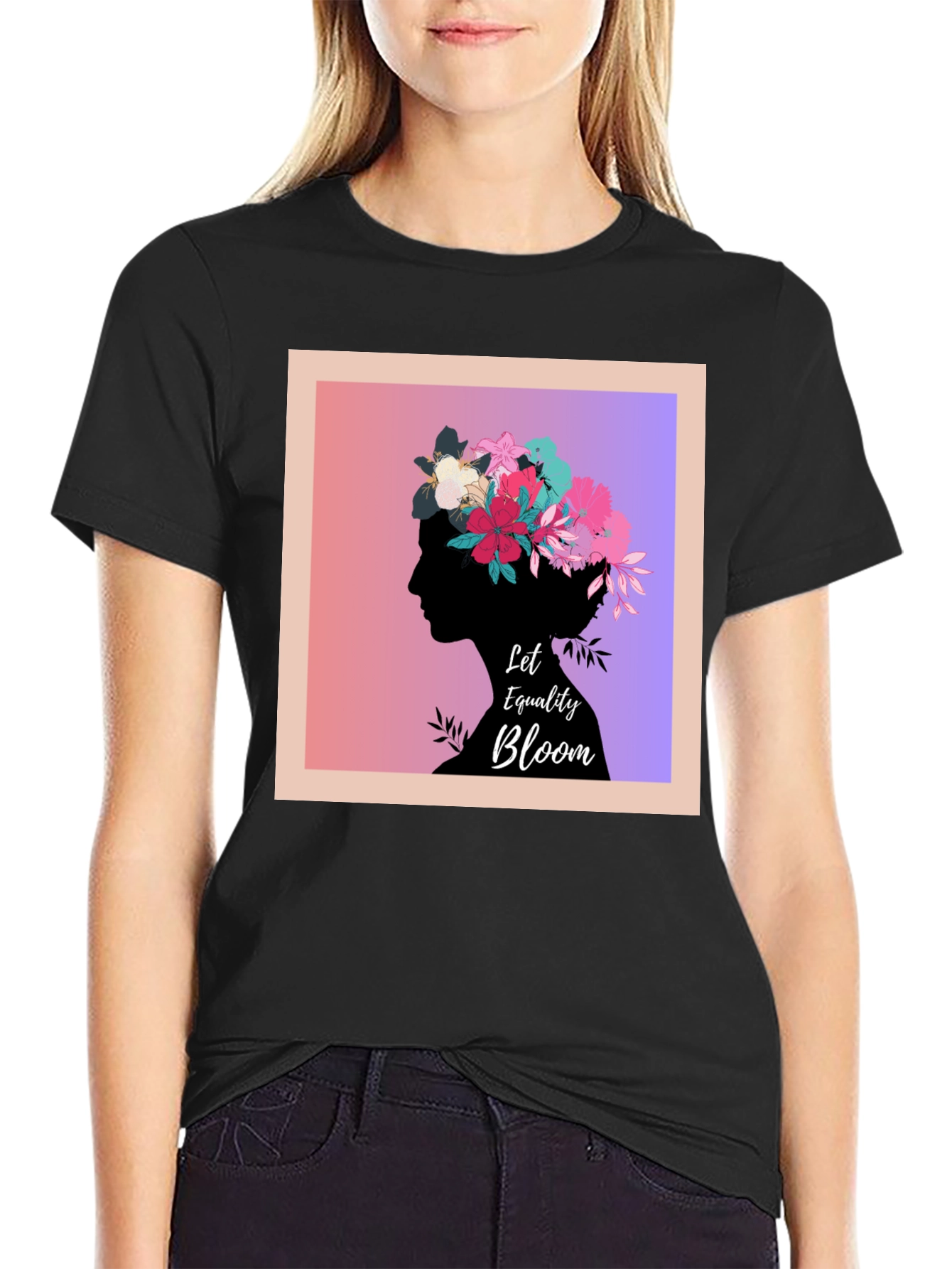 Equality Bloom Black Tee - Floral Silhouette Design