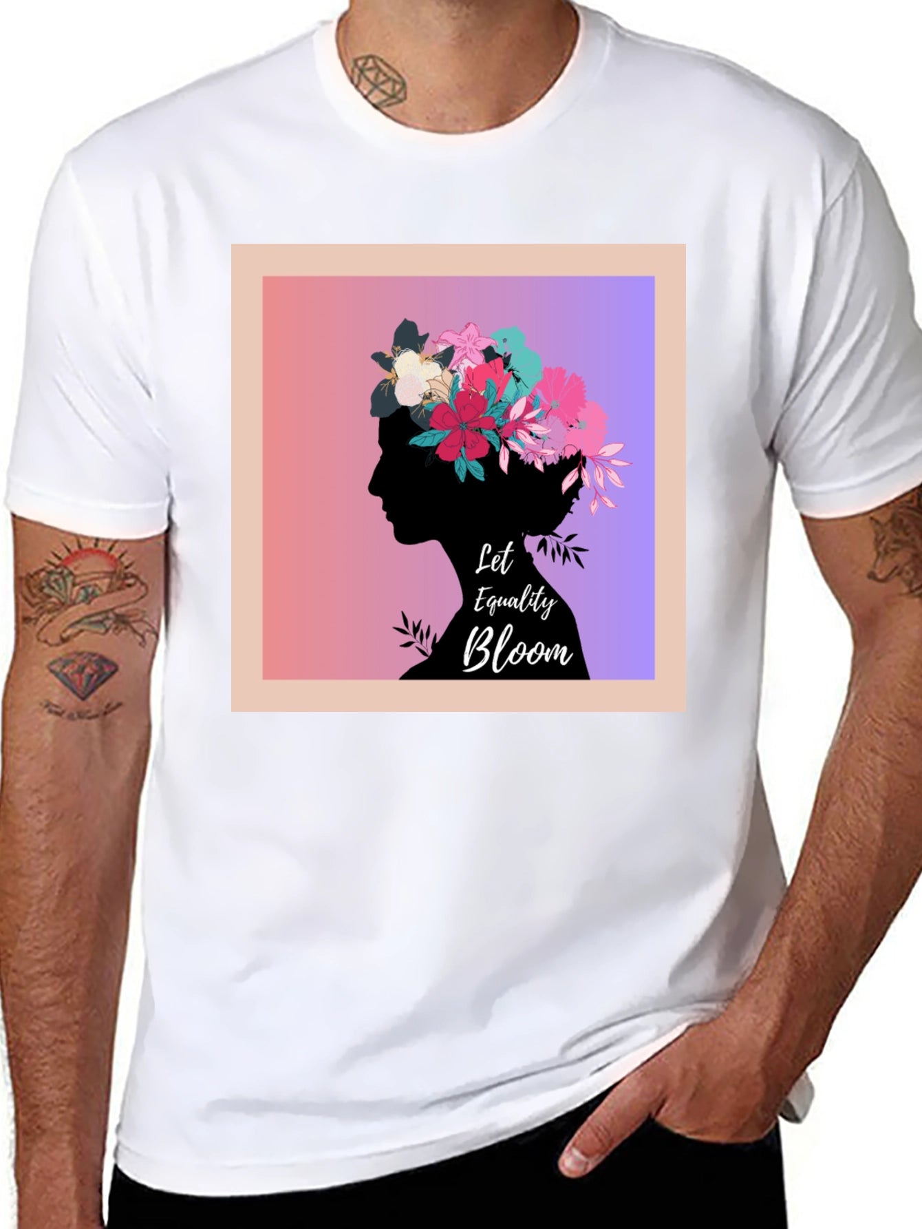 Equality Bloom Black Tee - Floral Silhouette Design