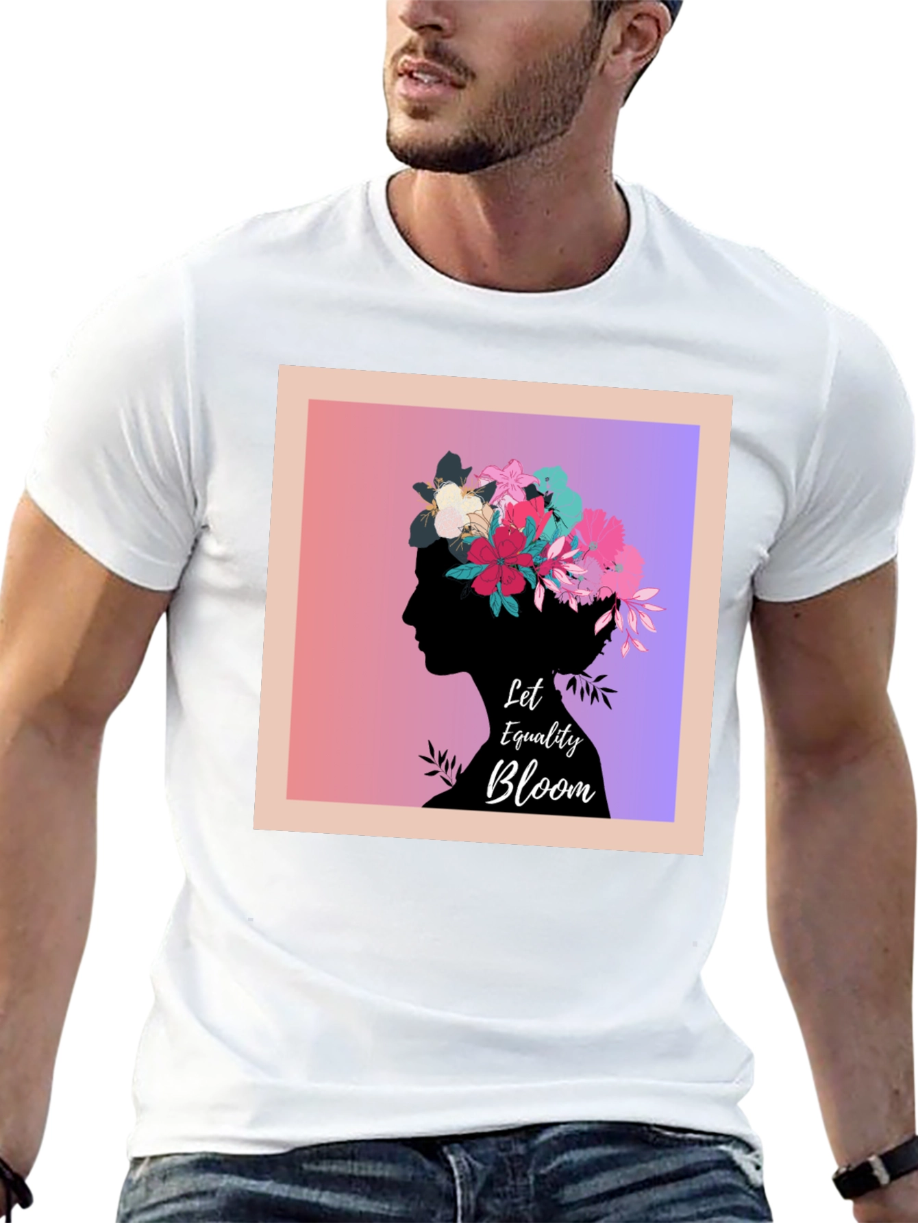 Equality Bloom Black Tee - Floral Silhouette Design