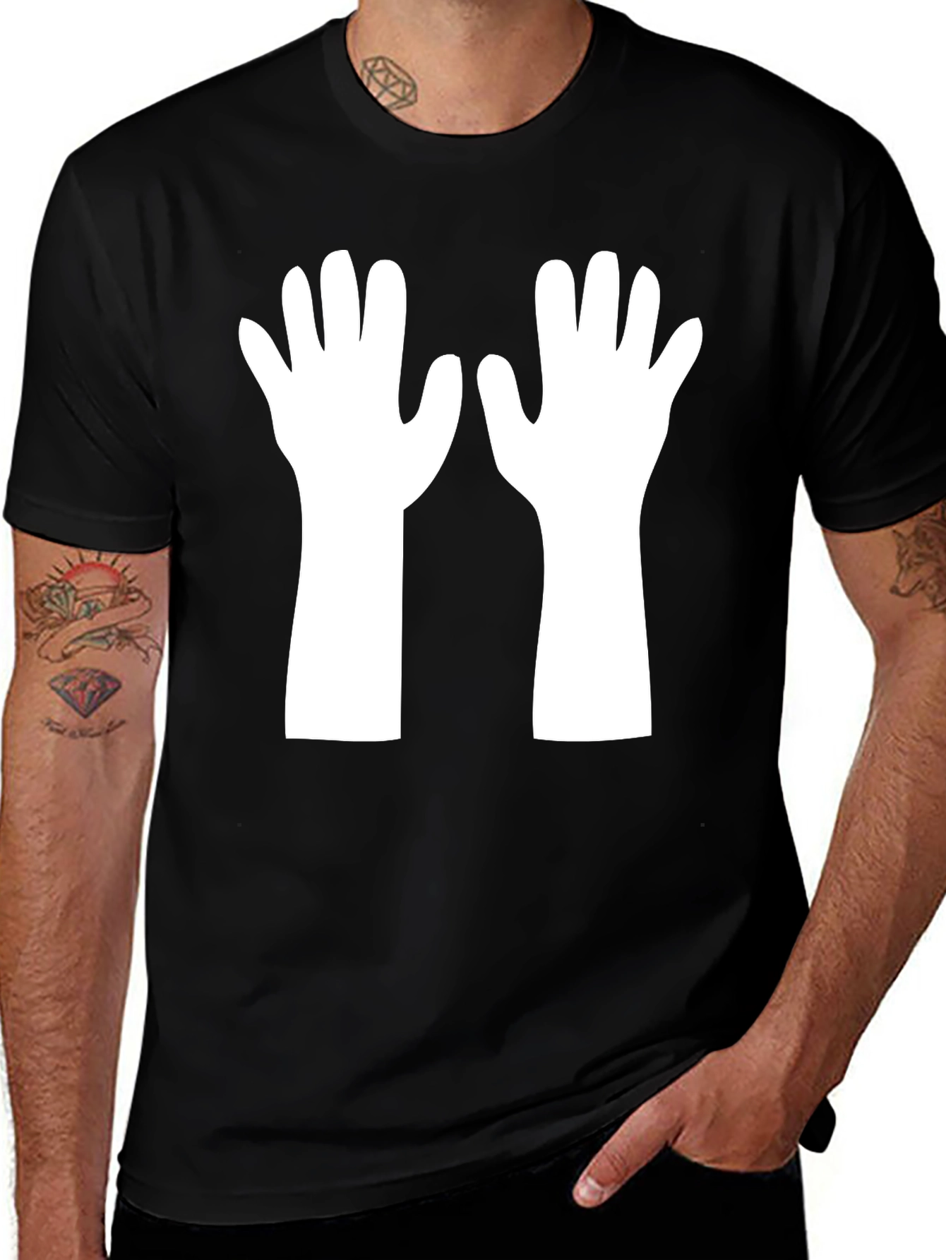 Black T-Shirt with White Hands Graphic