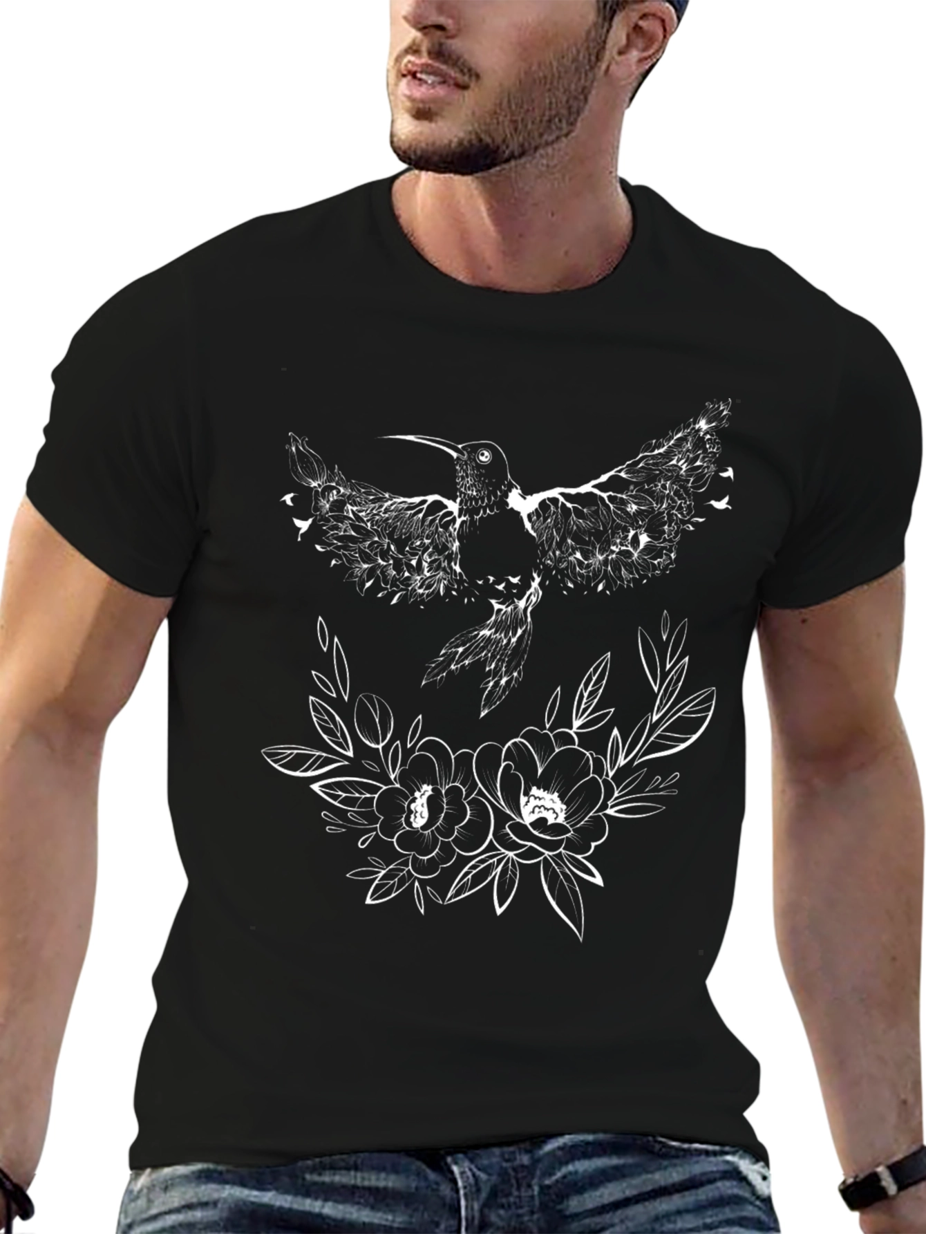 Hummingbird & Floral Graphic Black T-Shirt