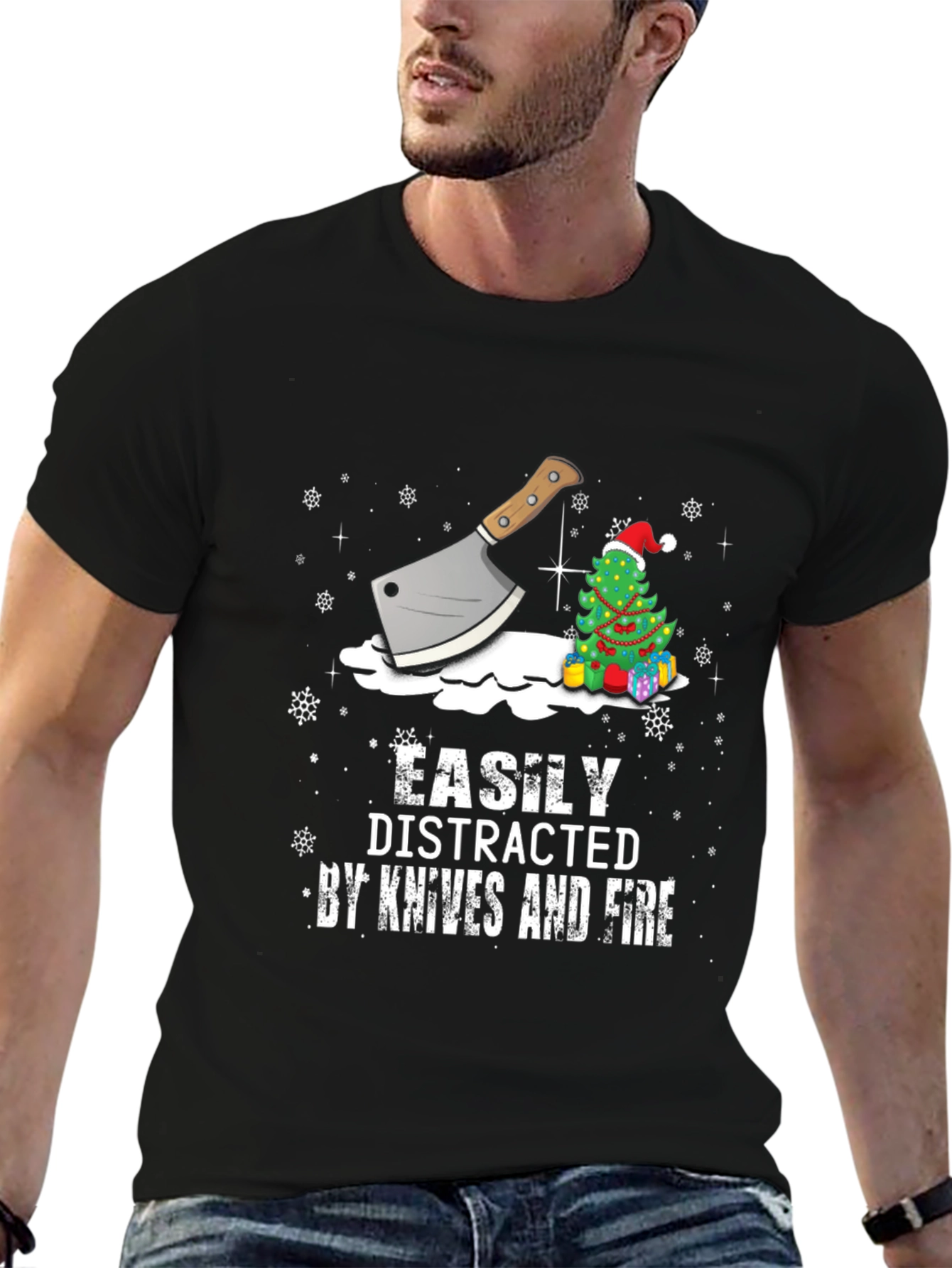 Easily Distracted By Knives and Fire Christmas T-Shirt