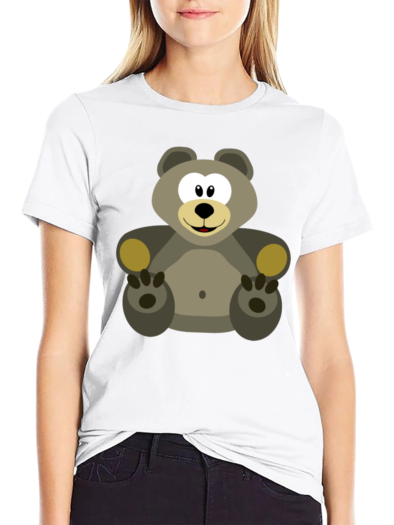 Cartoon Bear Graphic Tee - Black Cotton Blend