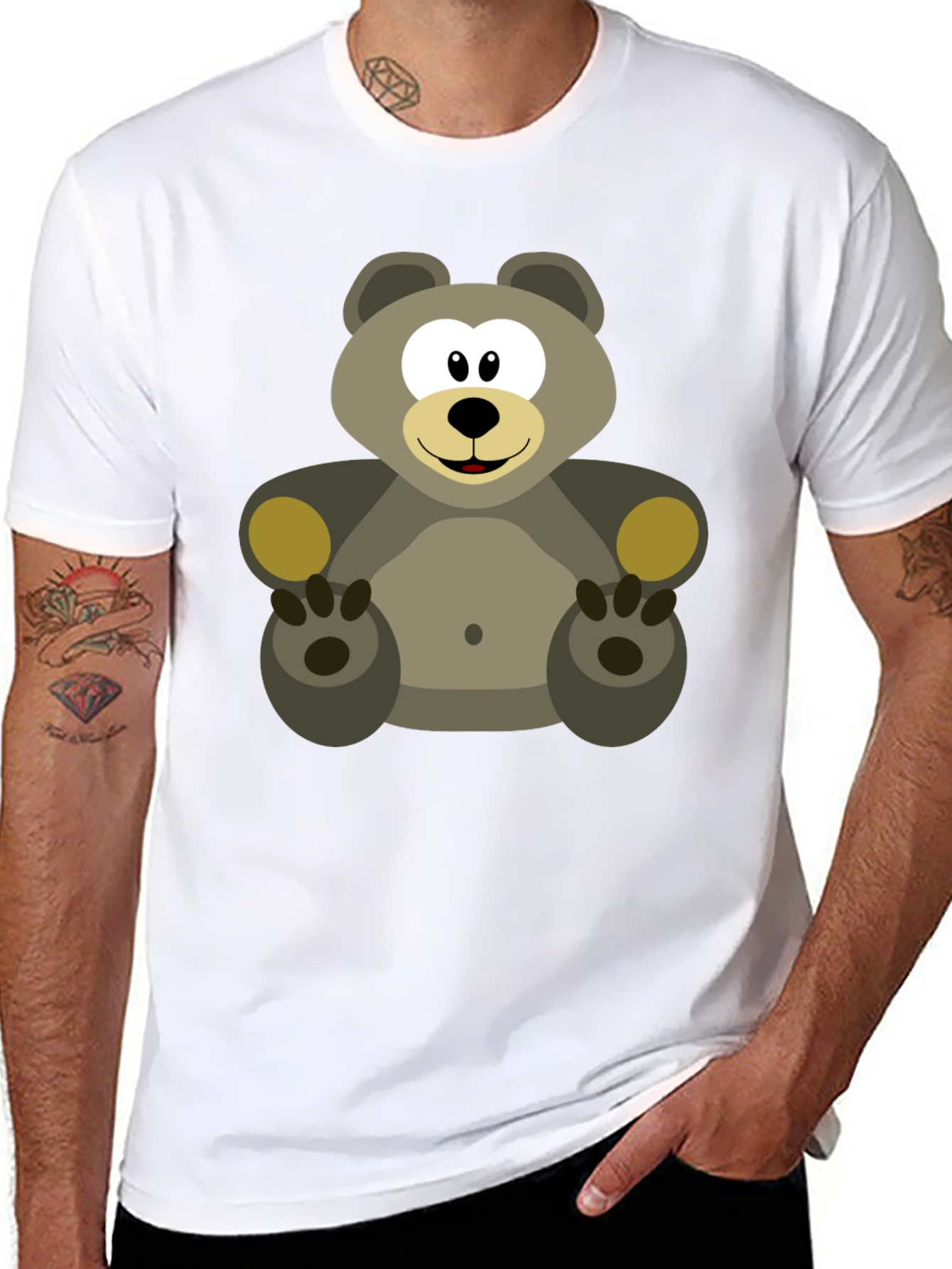 Cartoon Bear Graphic Tee - Black Cotton Blend