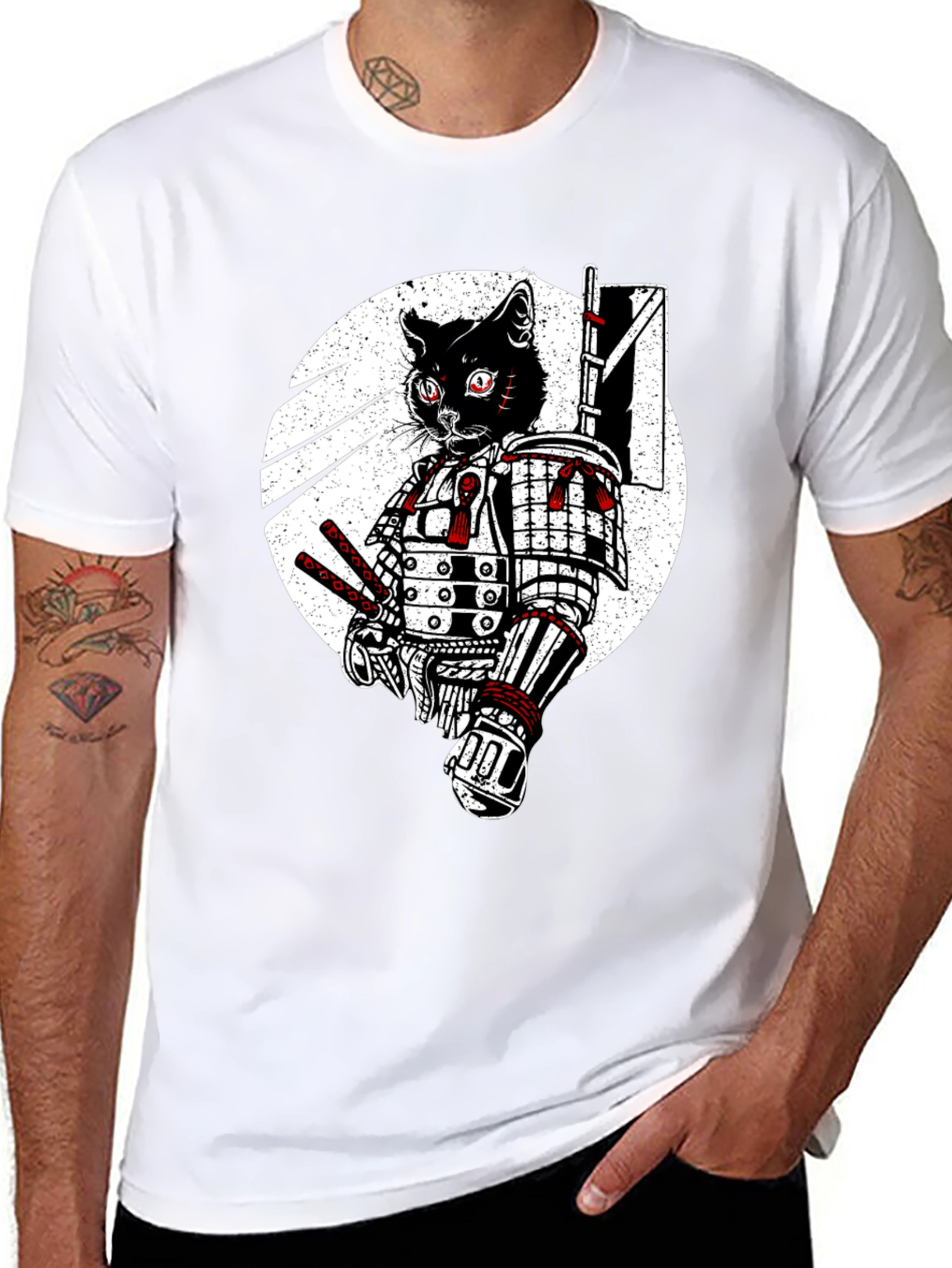 Samurai Cat Graphic Tee - Black Cotton T-Shirt