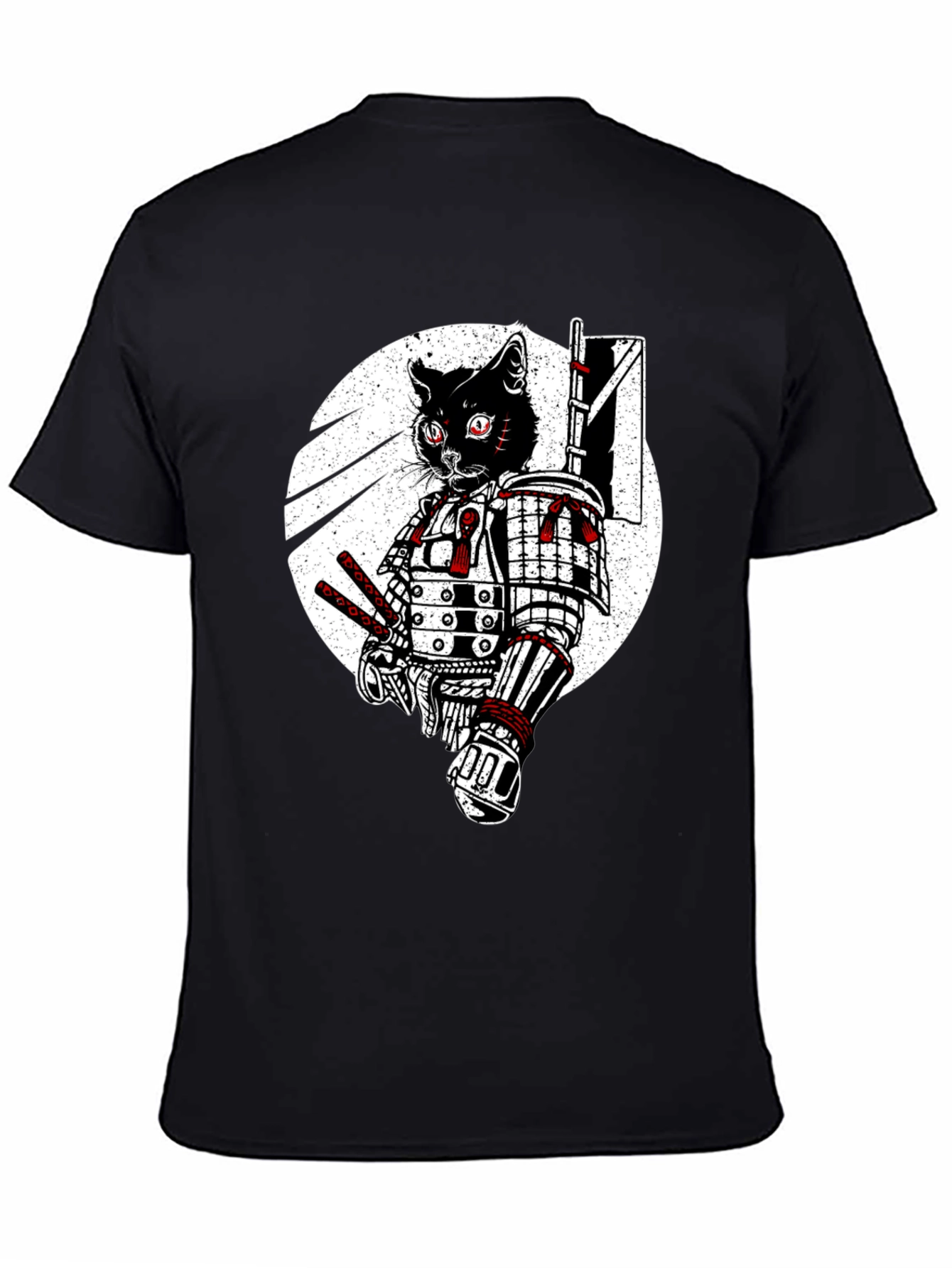 Samurai Cat Graphic Tee - Black Cotton T-Shirt