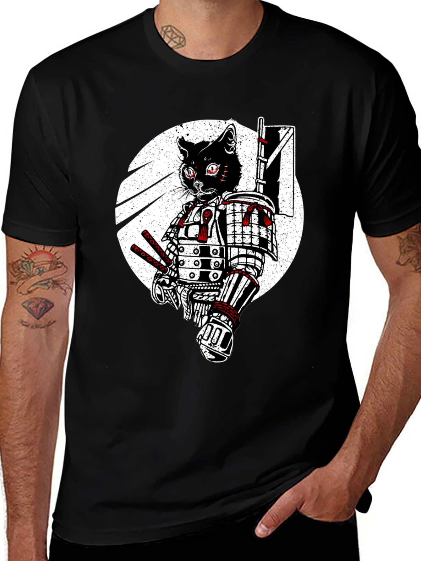 Samurai Cat Graphic Tee - Black Cotton T-Shirt