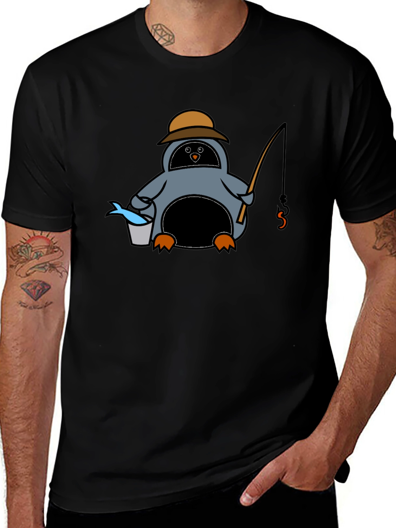 Cartoon Penguin Fishing Black T-Shirt