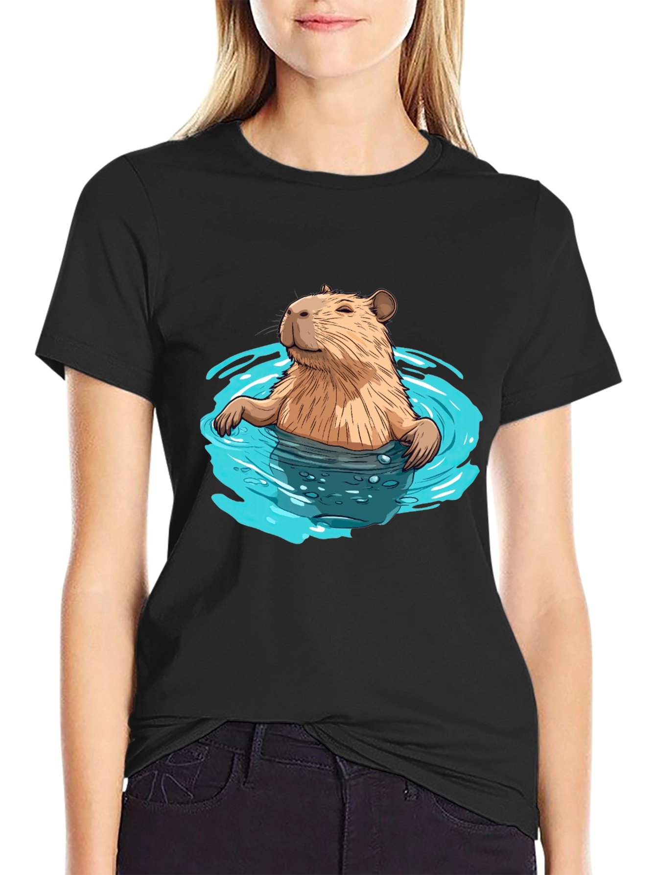 Capybara in Water Black T-Shirt