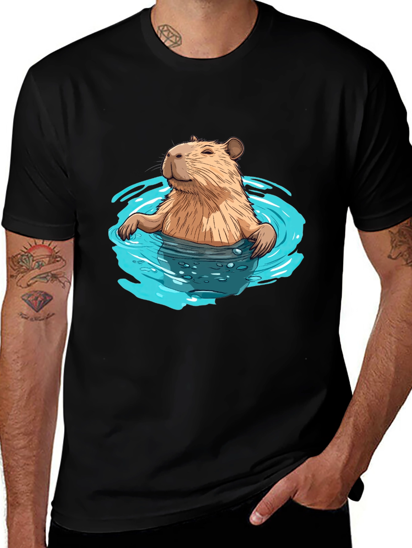 Capybara in Water Black T-Shirt