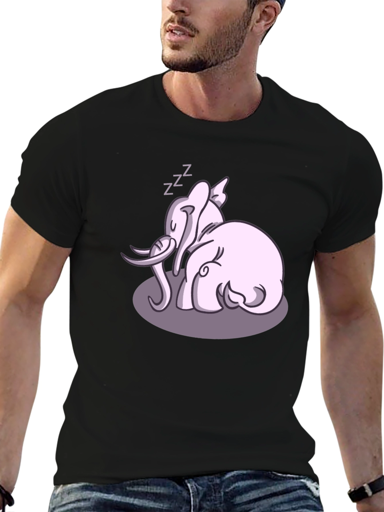 Cute Sleeping Elephant Graphic Tee - Black Cotton Shirt