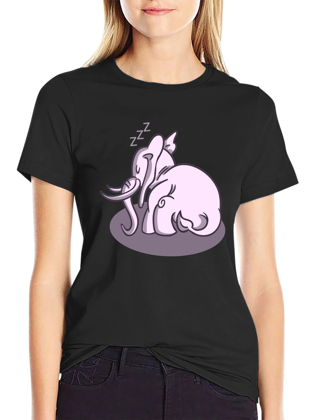 Cute Sleeping Elephant Graphic Tee - Black Cotton Shirt