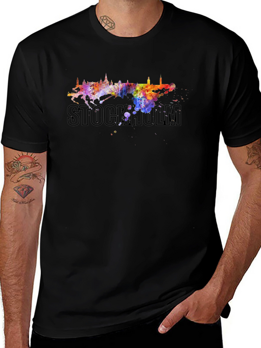 Stockholm Skyline Watercolor Graphic Tee - Black