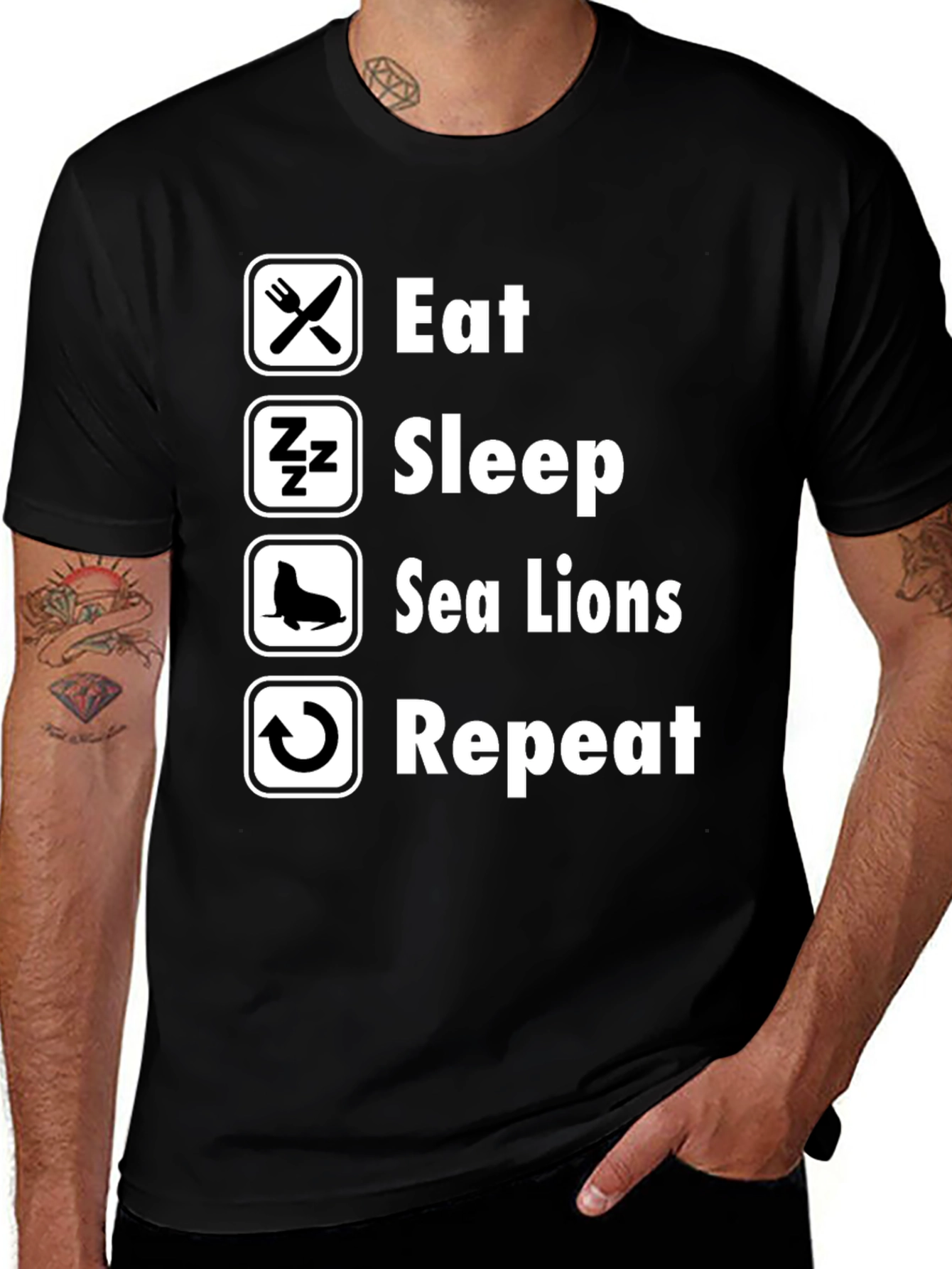 Eat Sleep Sea Lions Repeat Black T-Shirt