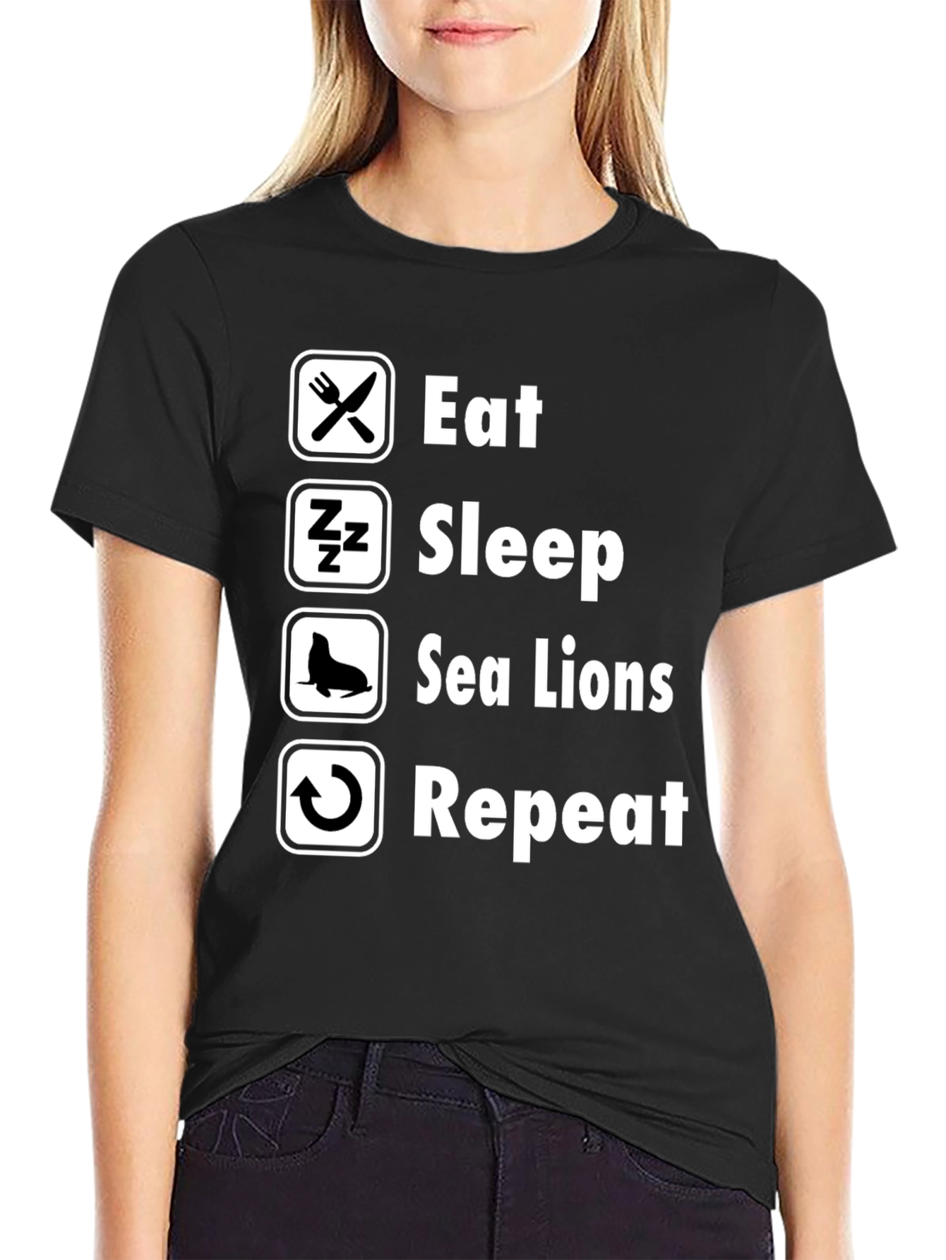 Eat Sleep Sea Lions Repeat Black T-Shirt