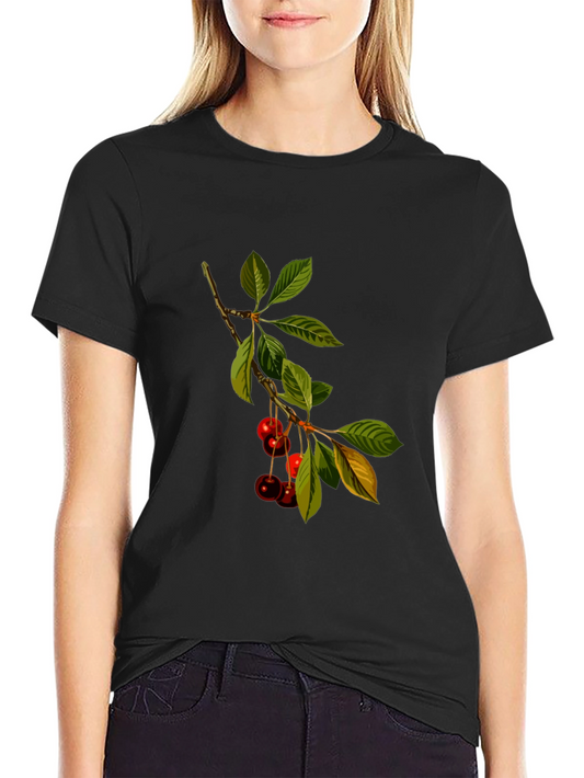 Cherry Branch Print Black T-Shirt