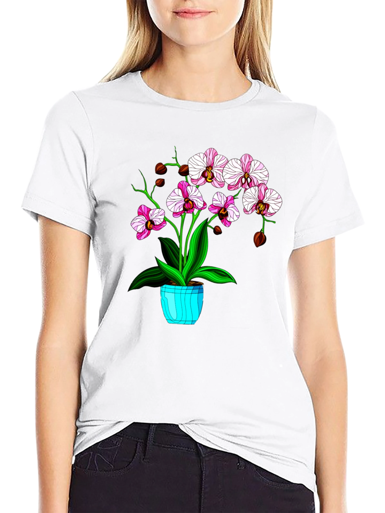 Floral T-Shirt with Orchid Plant Graphic