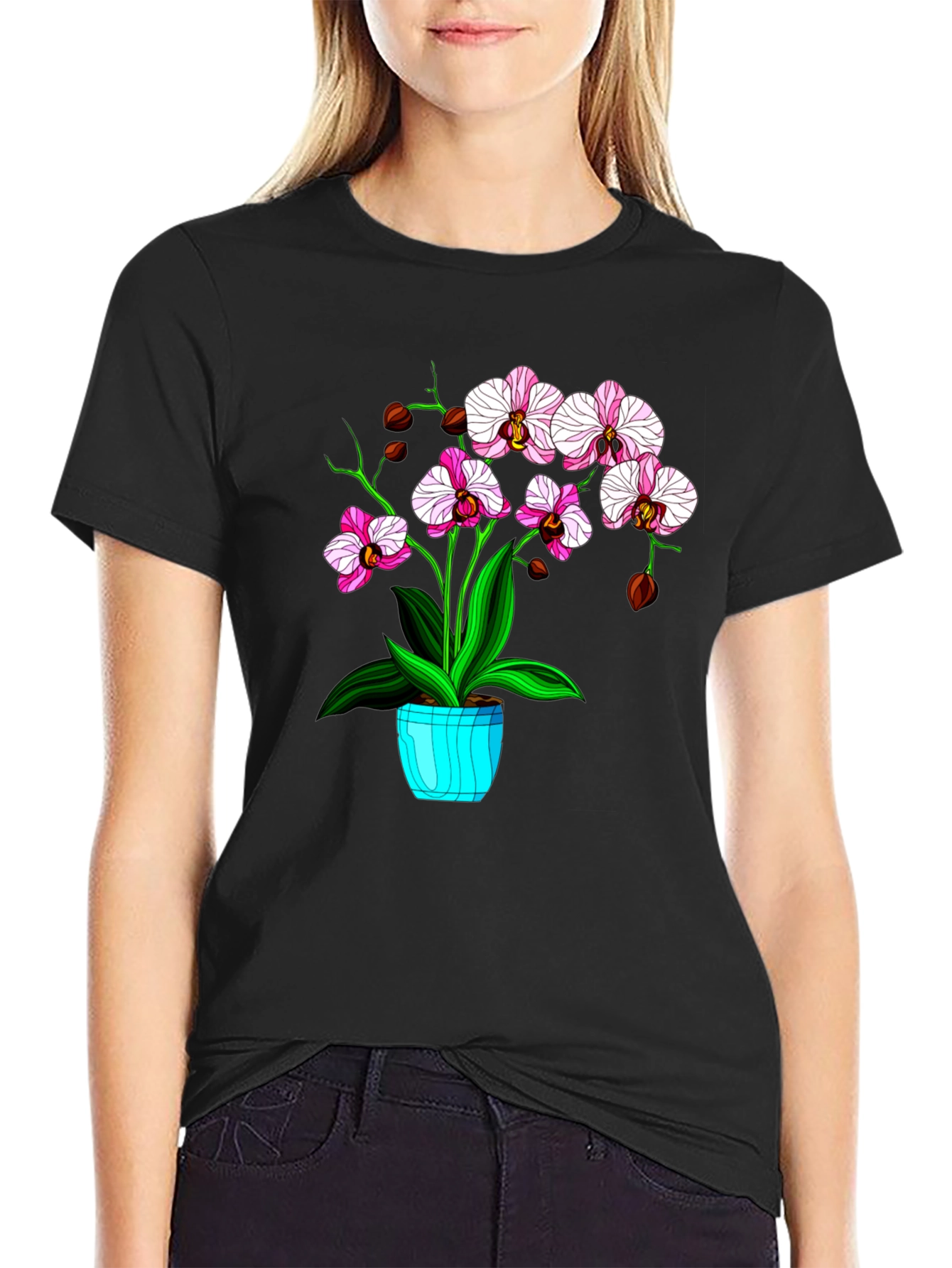 Floral T-Shirt with Orchid Plant Graphic