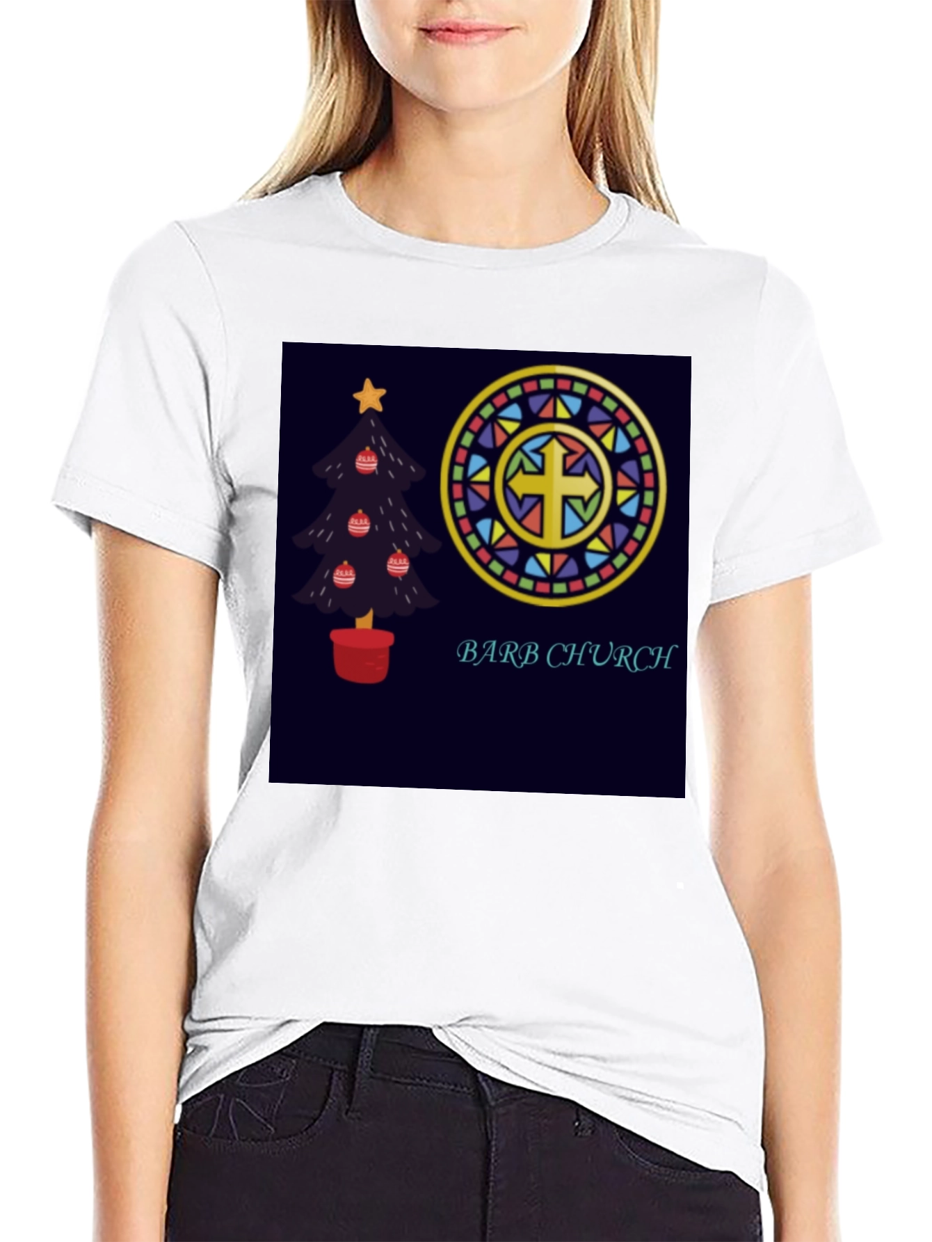 Barb Church Christmas Tree Stained Glass T-Shirt