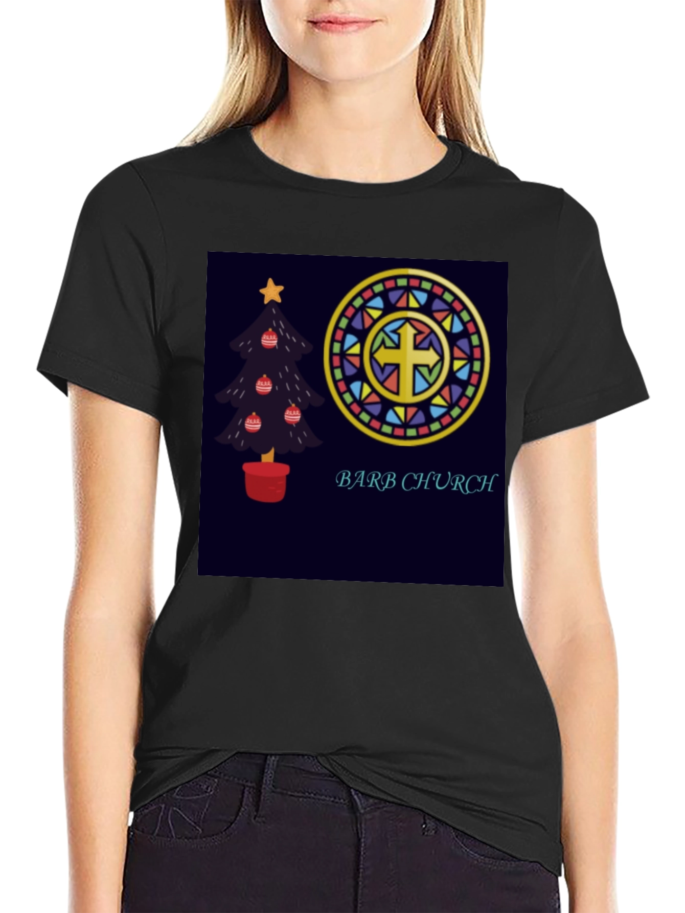 Barb Church Christmas Tree Stained Glass T-Shirt