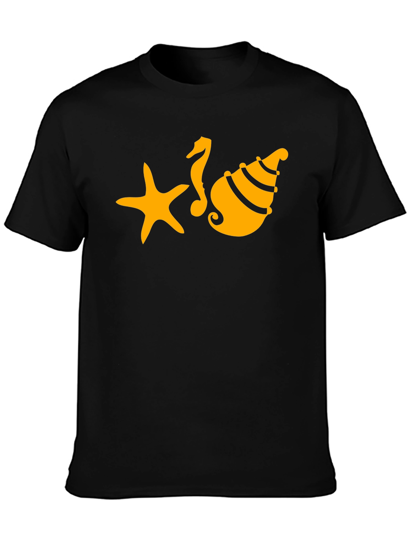Black T-Shirt with Starfish Seahorse and Shell Design