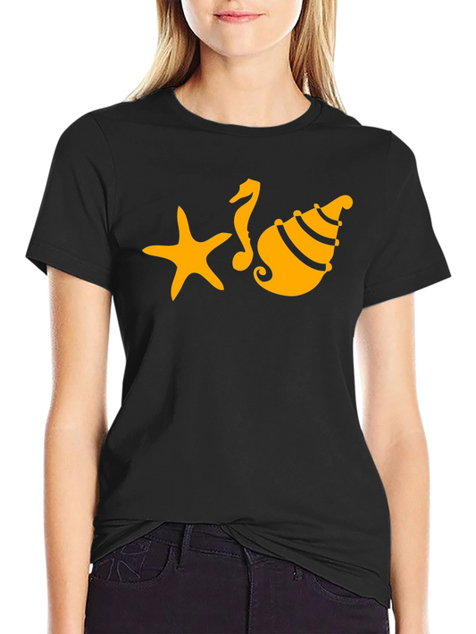 Black T-Shirt with Starfish Seahorse and Shell Design