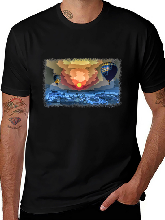 Hot Air Balloon Sunset Graphic Tee - Black Cotton Comfort