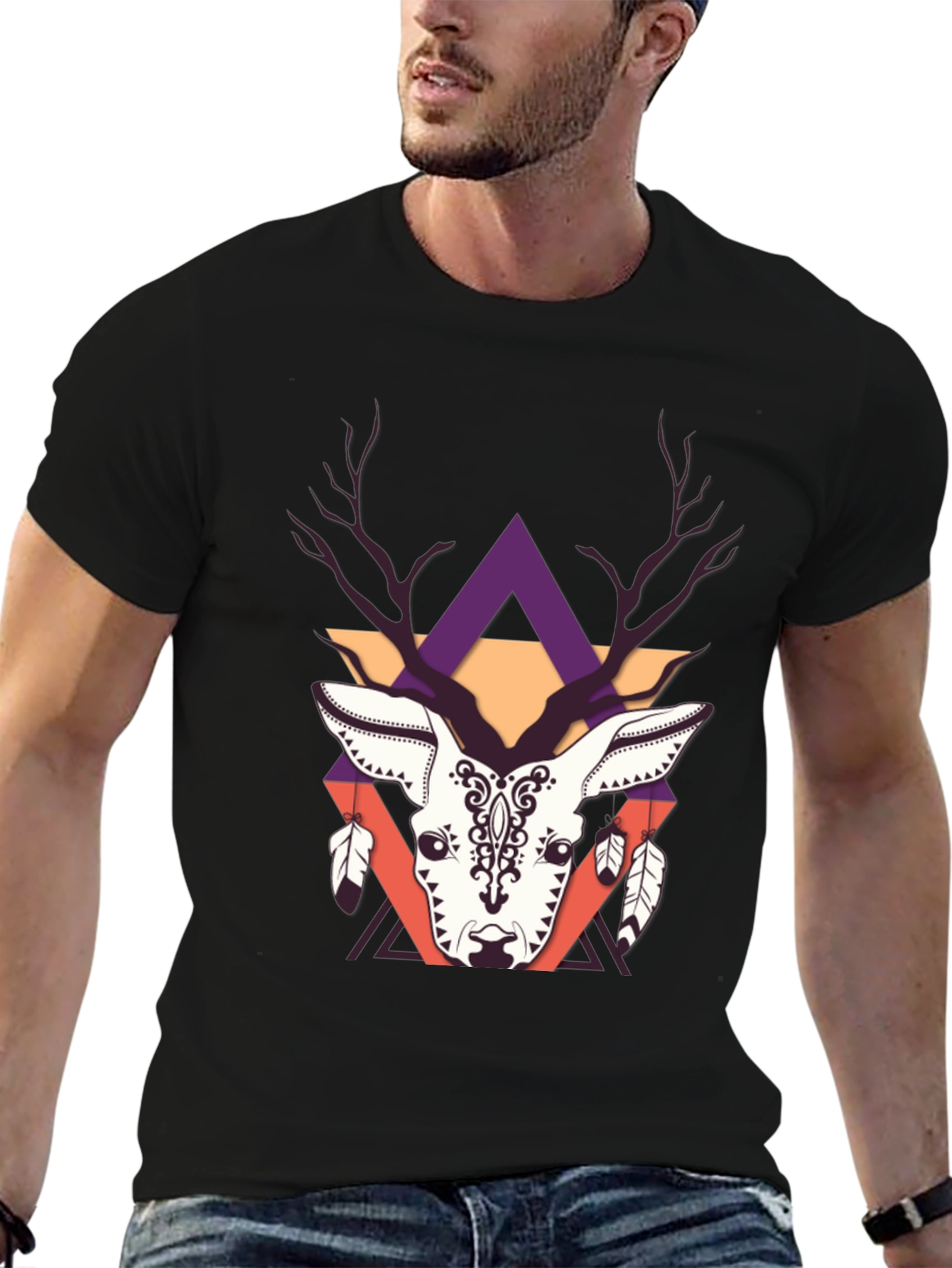 Geometric Deer Graphic Tee - Trendy Print