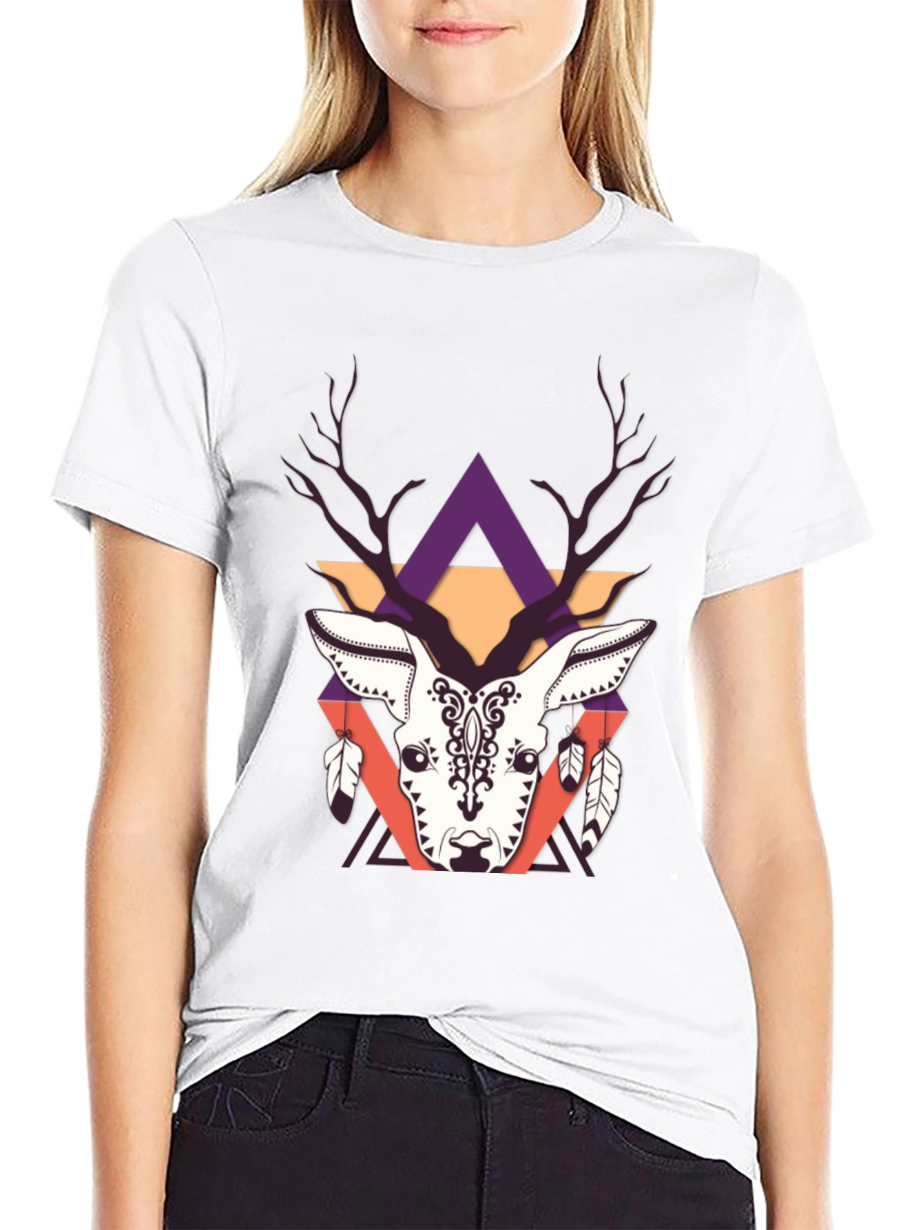 Geometric Deer Graphic Tee - Trendy Print