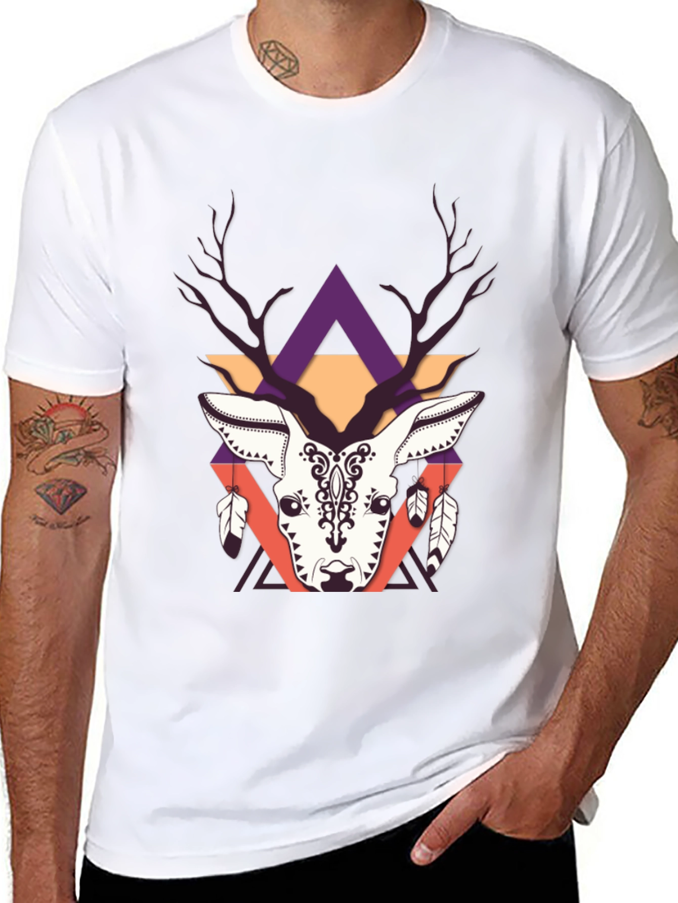 Geometric Deer Graphic Tee - Trendy Print