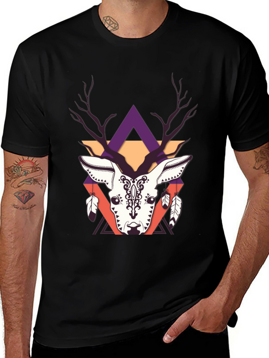 Geometric Deer Graphic Tee - Trendy Print