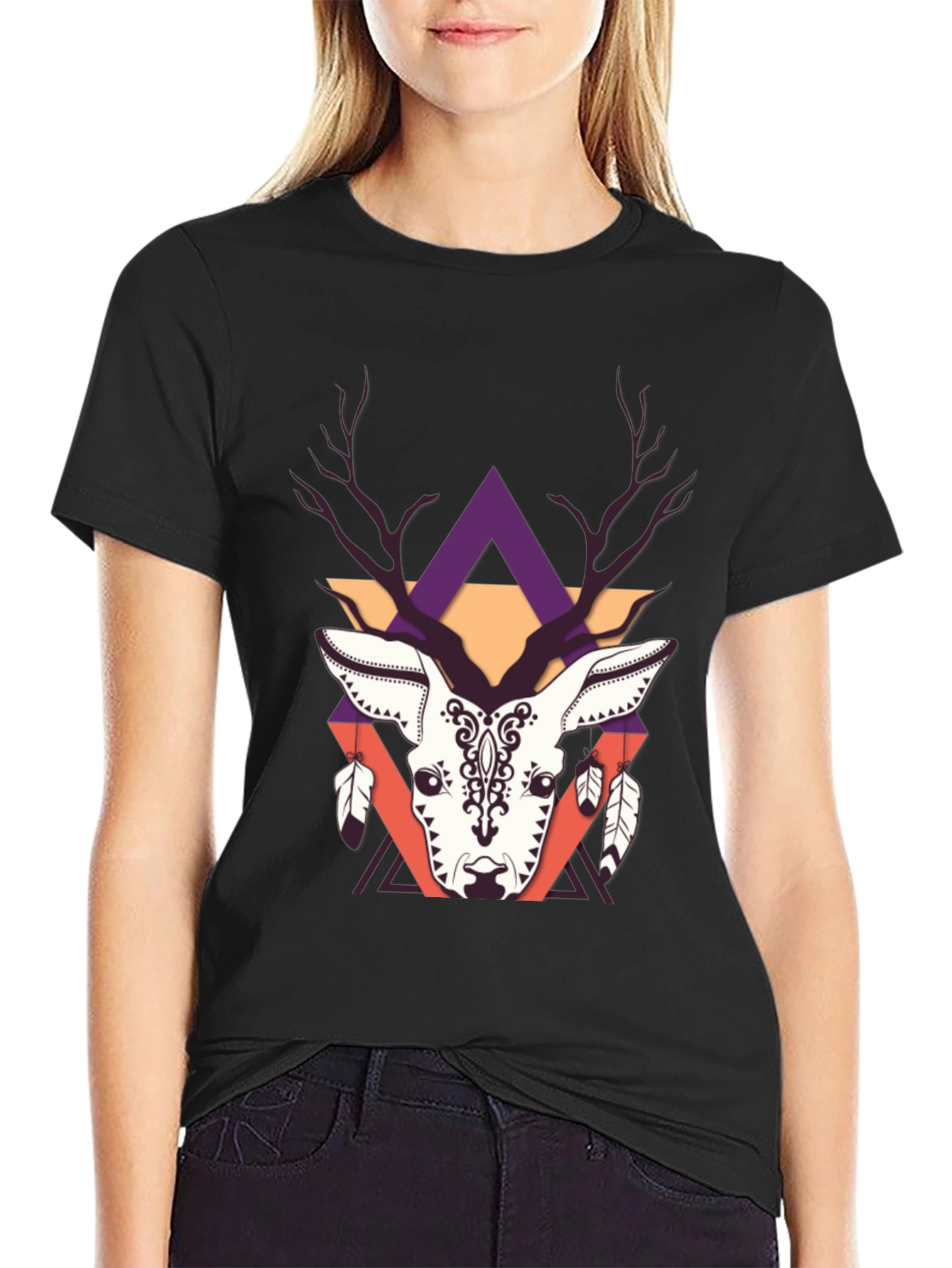 Geometric Deer Graphic Tee - Trendy Print