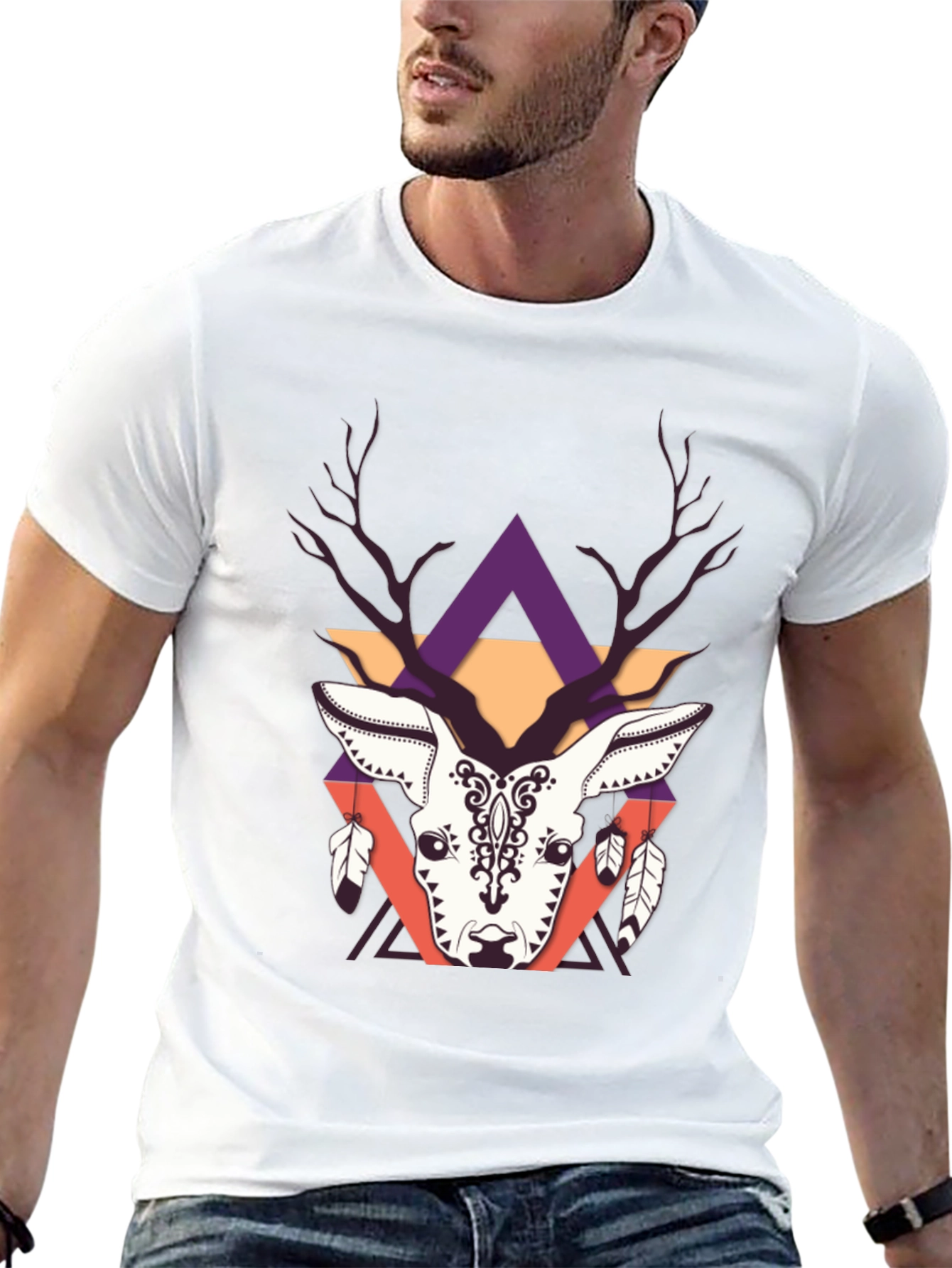 Geometric Deer Graphic Tee - Trendy Print