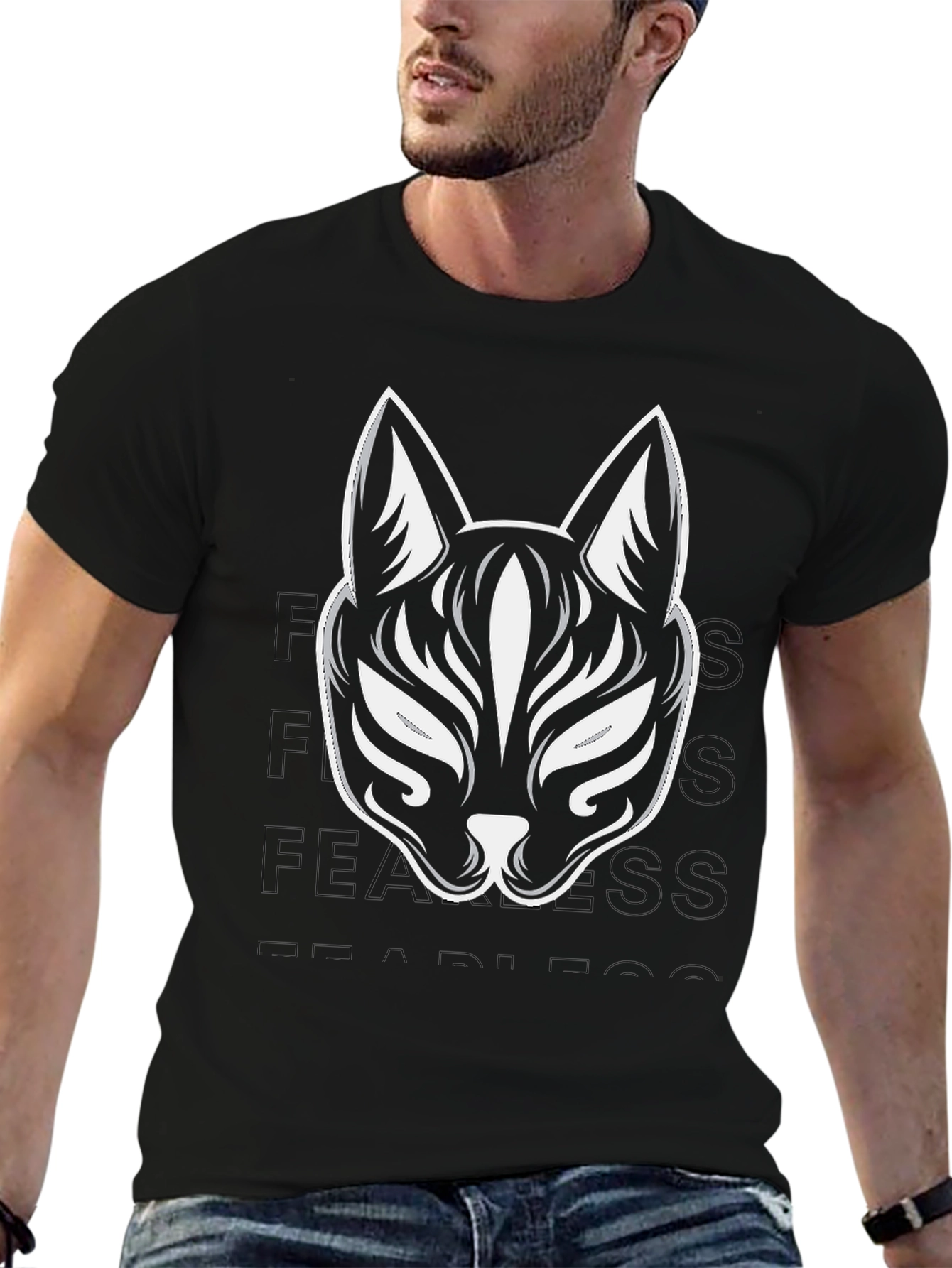 Black T-Shirt with Kitsune Mask Design