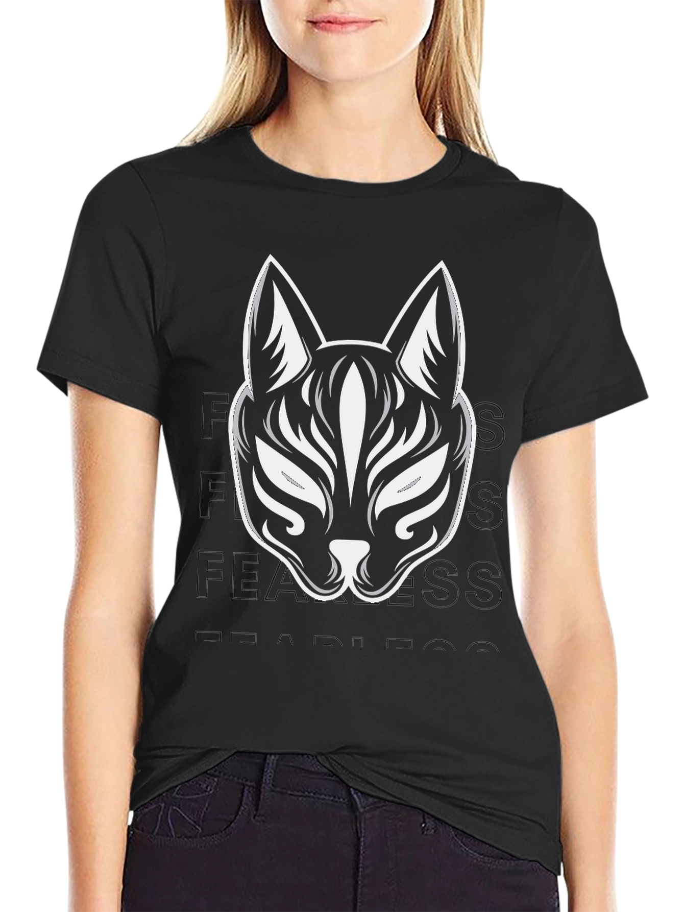 Black T-Shirt with Kitsune Mask Design