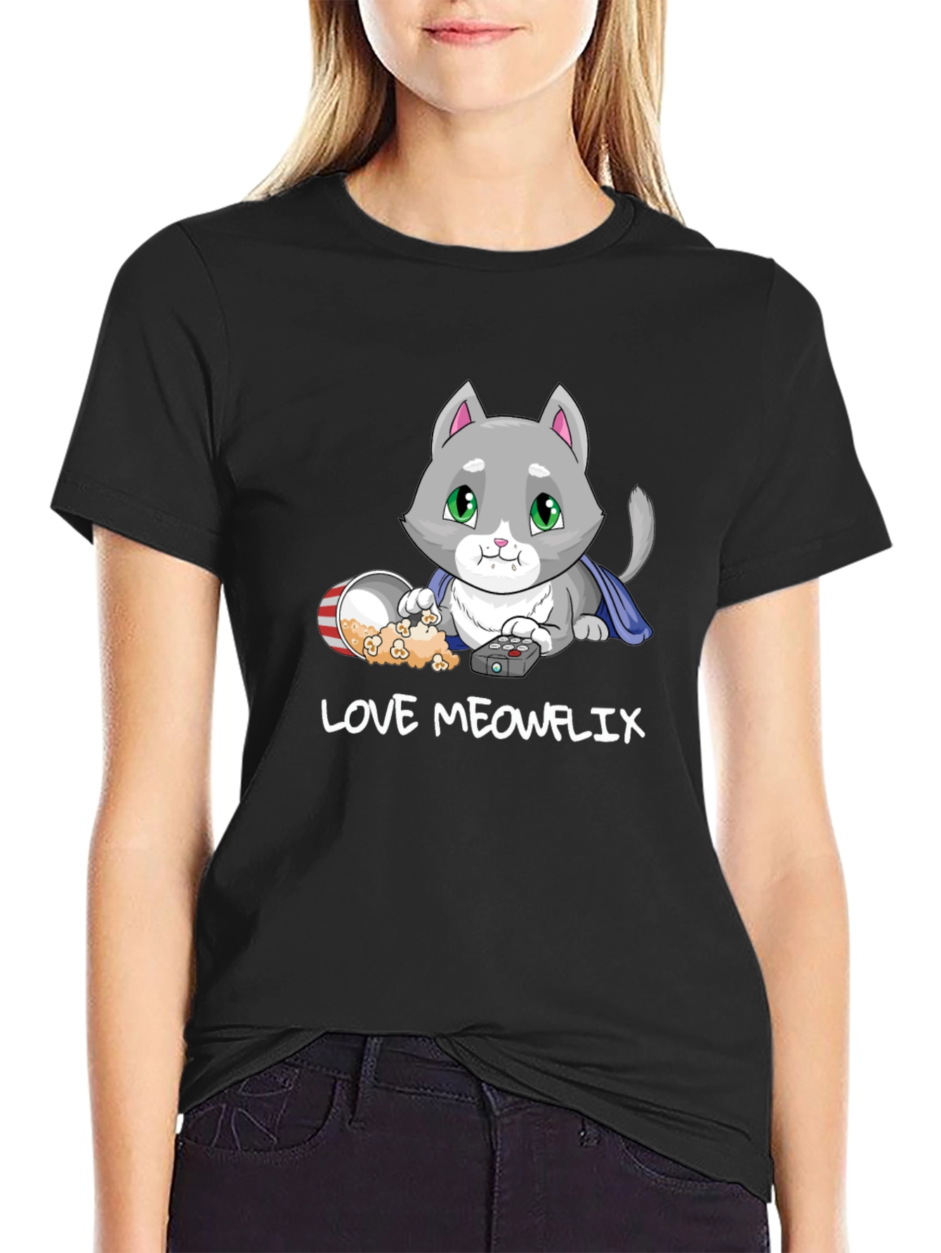 Love Meowflix Black T-Shirt - Cat Lover Tee