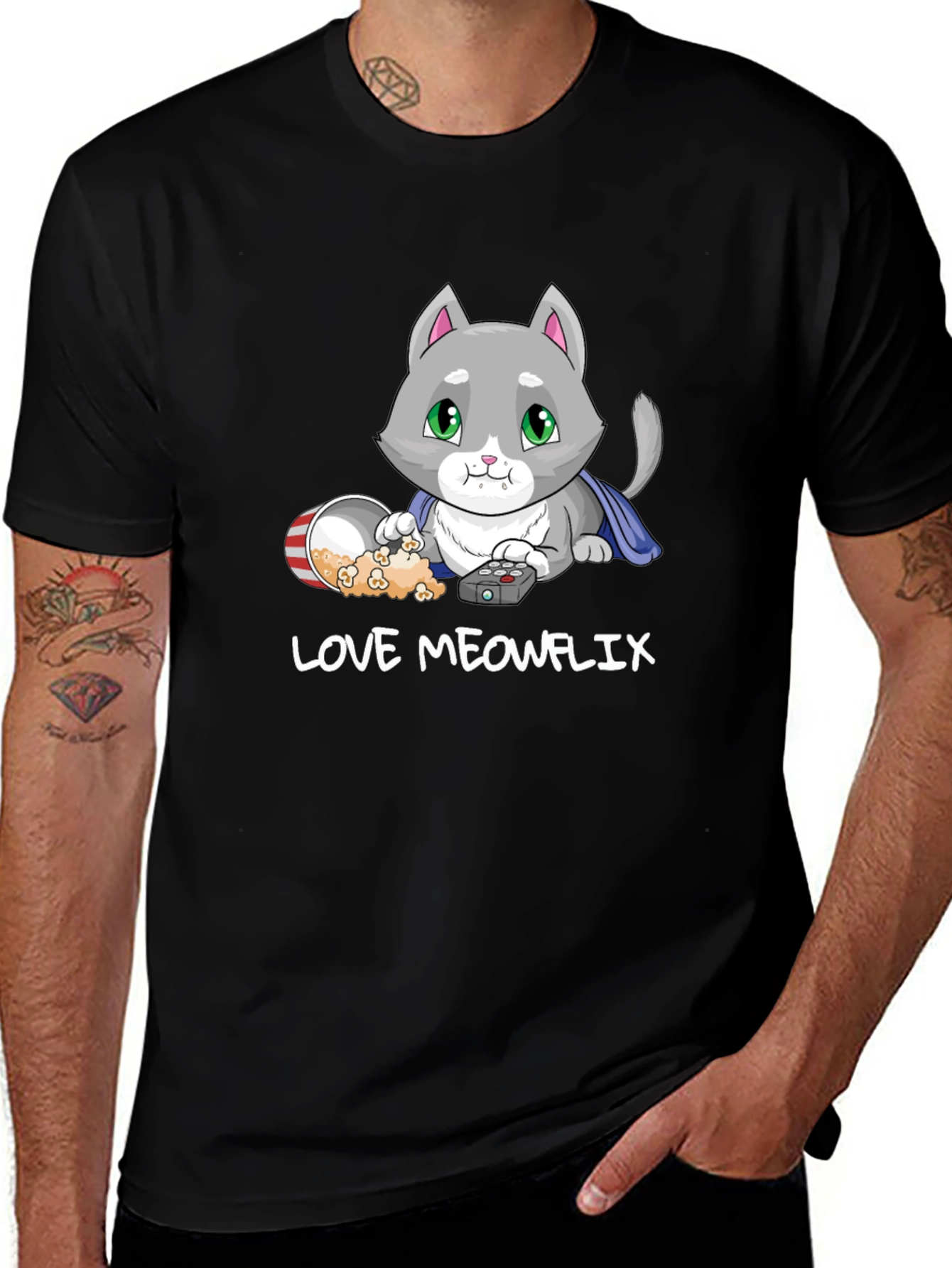 Love Meowflix Black T-Shirt - Cat Lover Tee