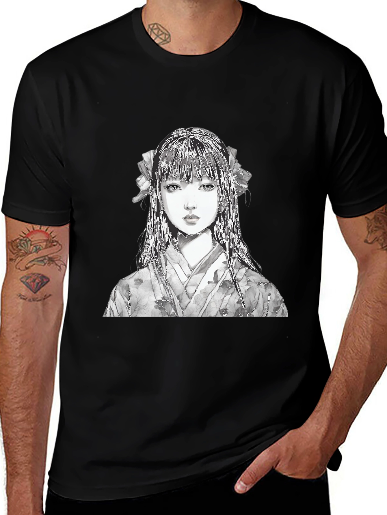 Anime Girl Portrait Black T-Shirt