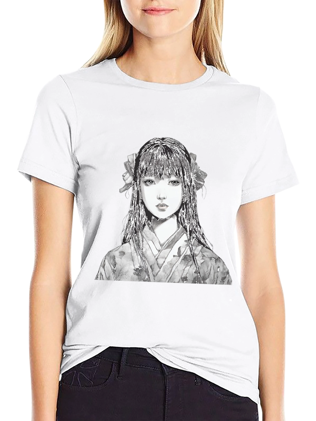 Anime Girl Portrait Black T-Shirt