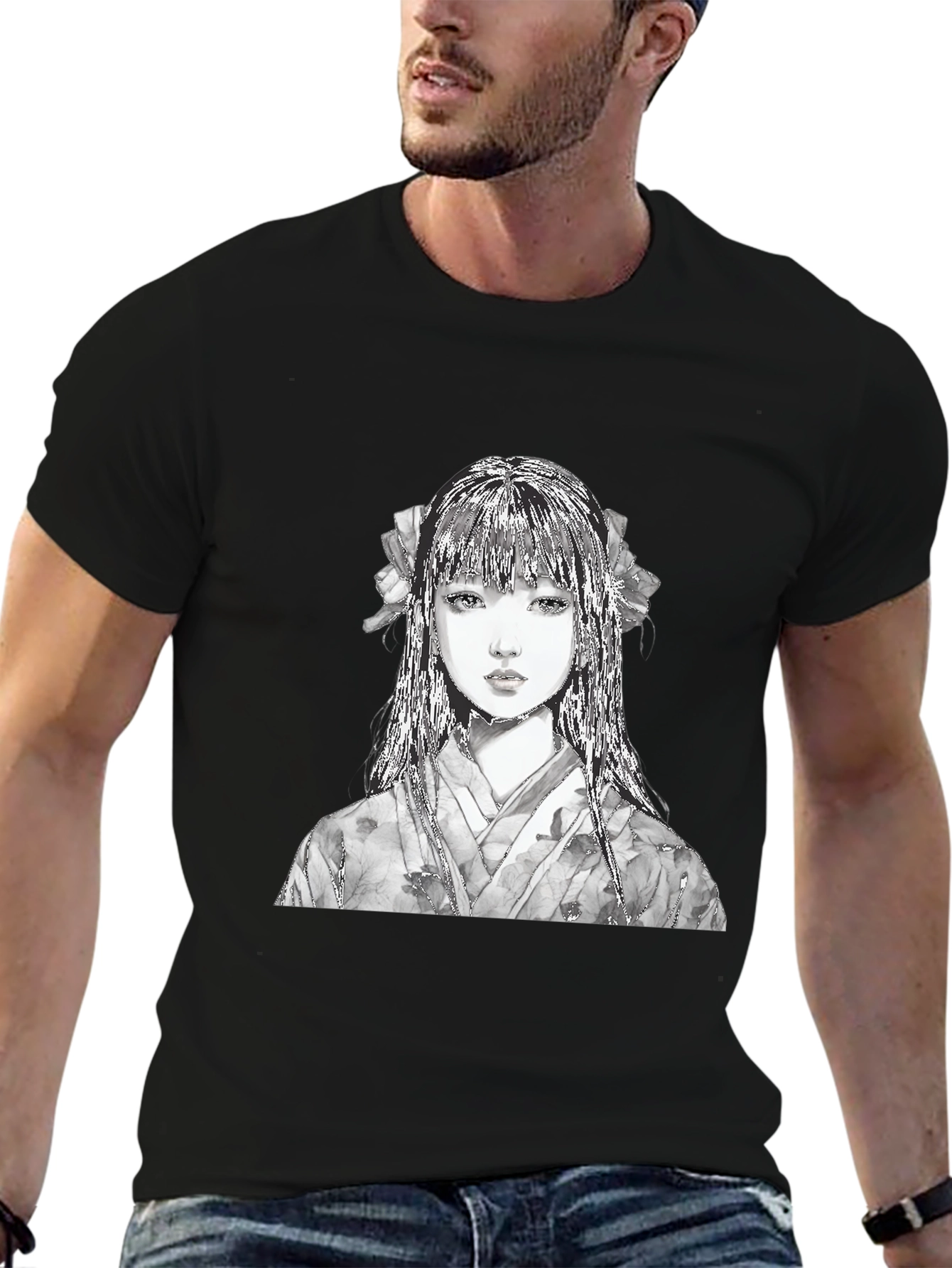 Anime Girl Portrait Black T-Shirt