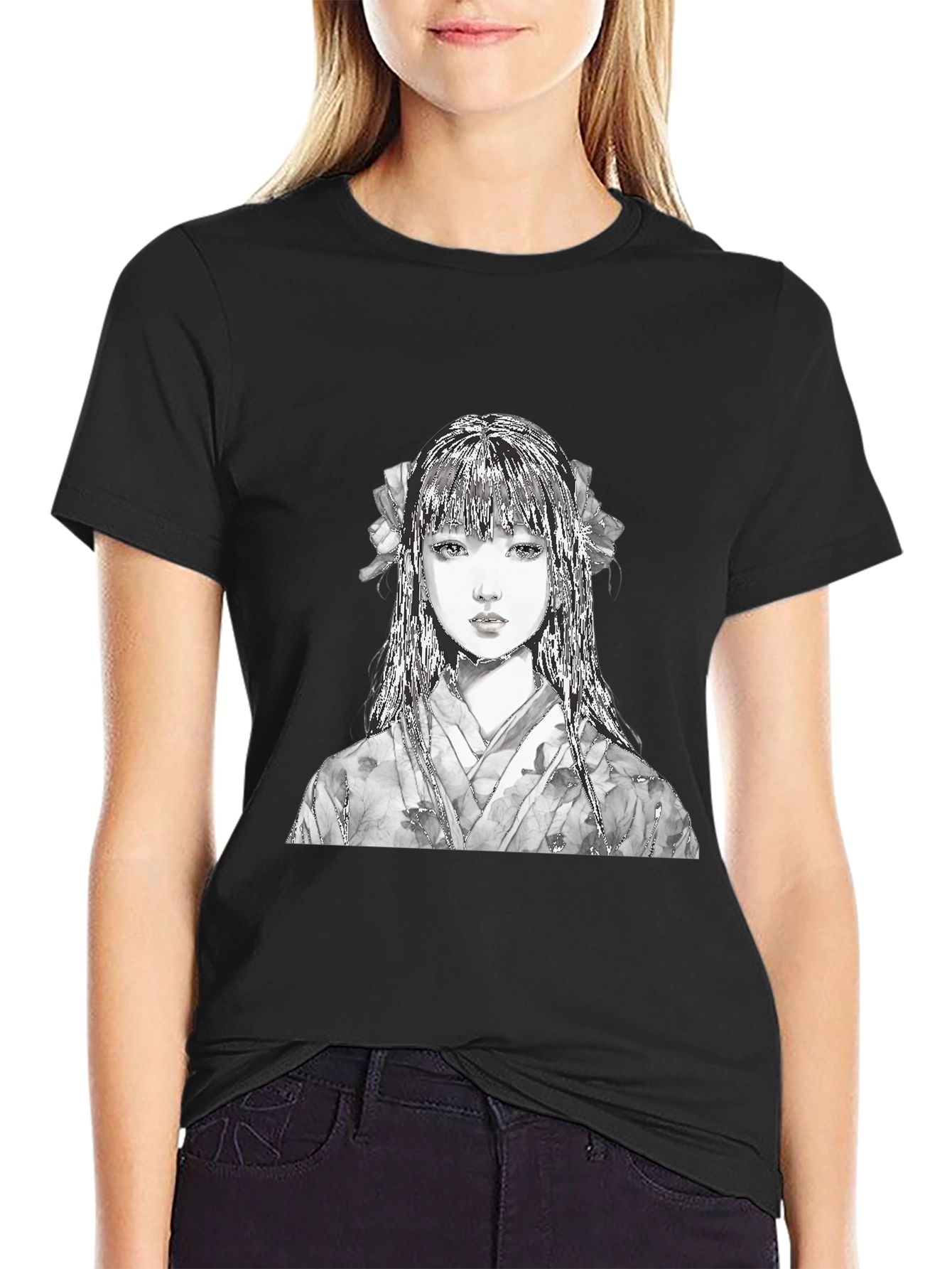 Anime Girl Portrait Black T-Shirt