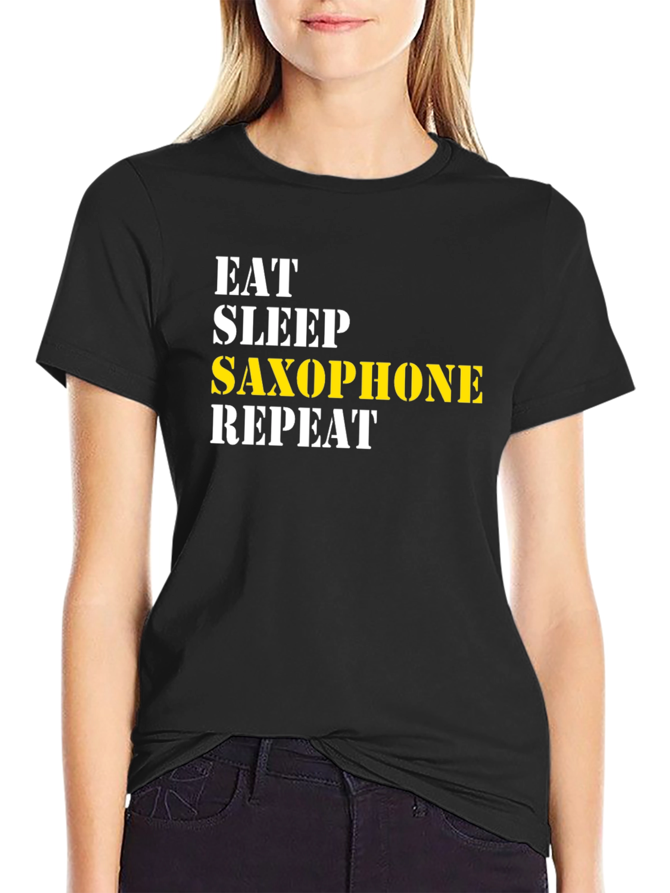 Eat Sleep Saxophone Repeat Black Graphic T-Shirt