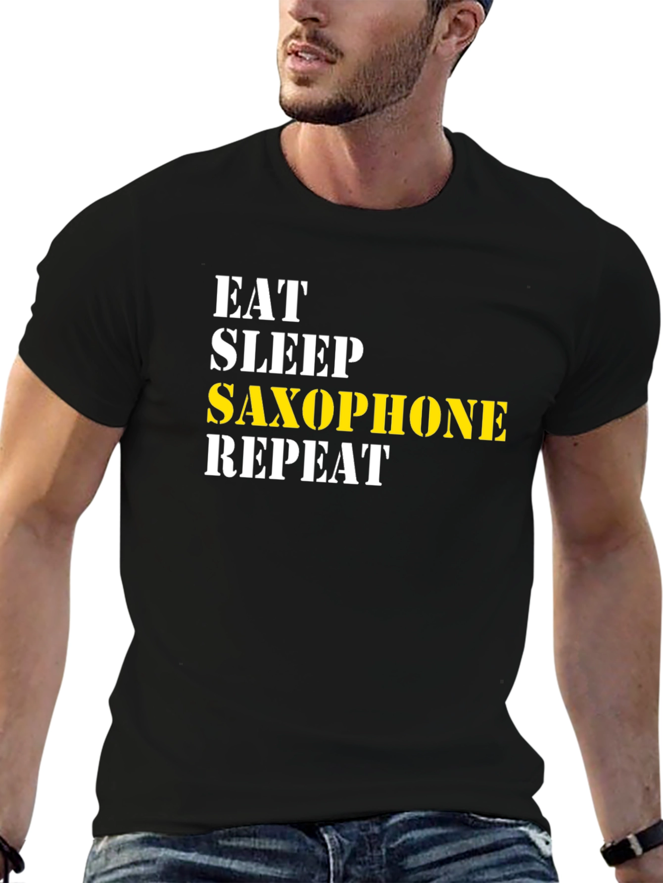 Eat Sleep Saxophone Repeat Black Graphic T-Shirt