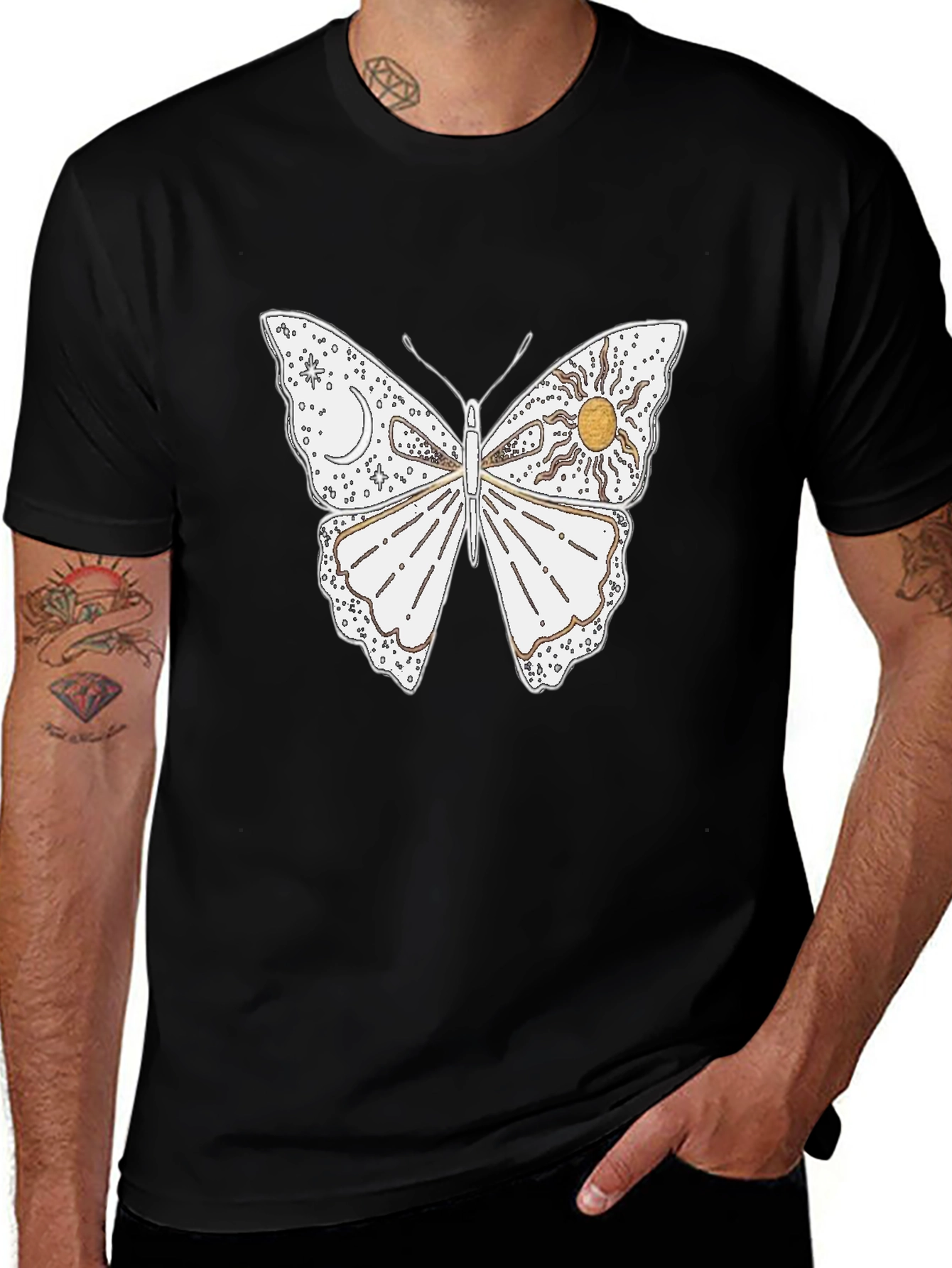 Celestial Butterfly Graphic T-Shirt - Black Cotton