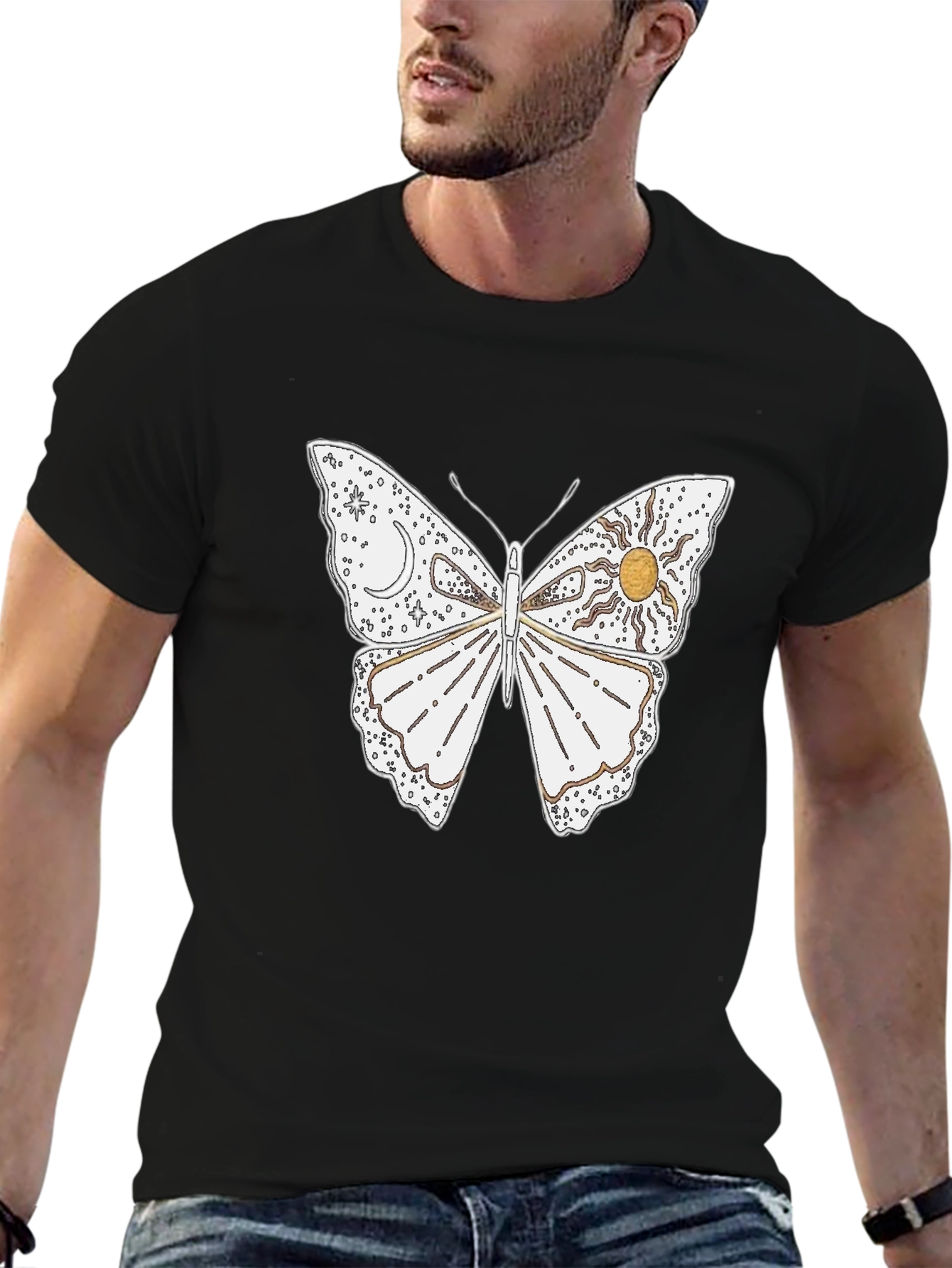 Celestial Butterfly Graphic T-Shirt - Black Cotton